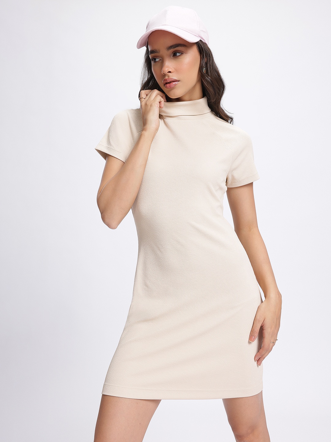 

glitchez Ribbed Turtle Neck Mini Sheath Dress, Beige