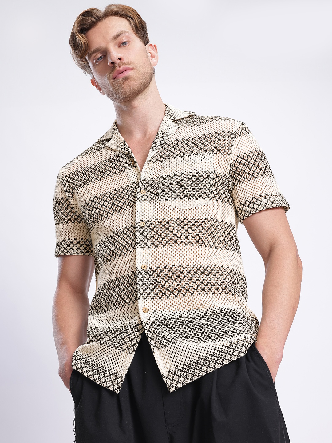 

glitchez Striped Stroll Open-Knit Shirt, Cream