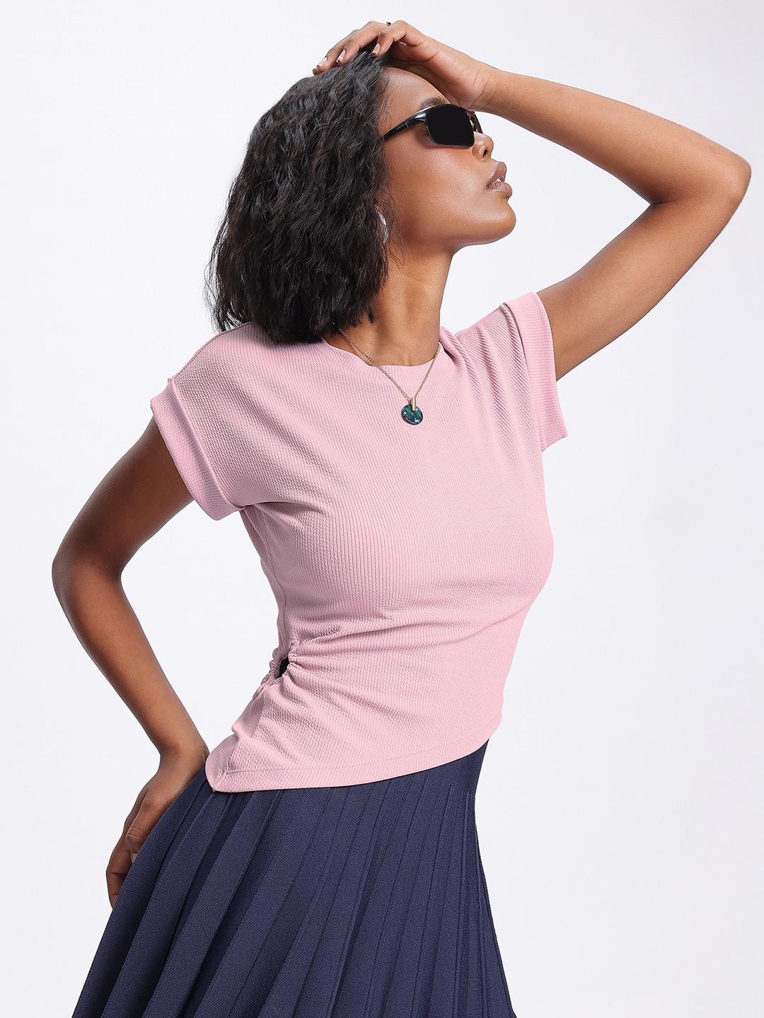 

glitchez Scrunchy Style Ribbed Cut-Out Detail Asymmetric Fitted Top, Rose