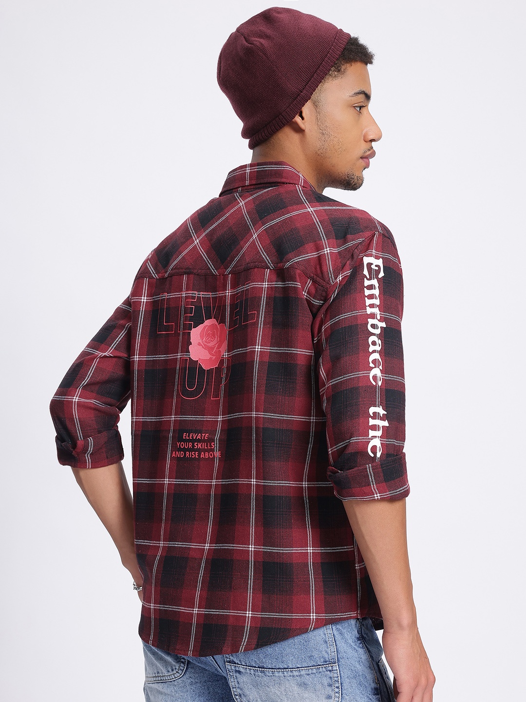 

glitchez Typo Check Plaid Patch Pocketed Shirt, Red