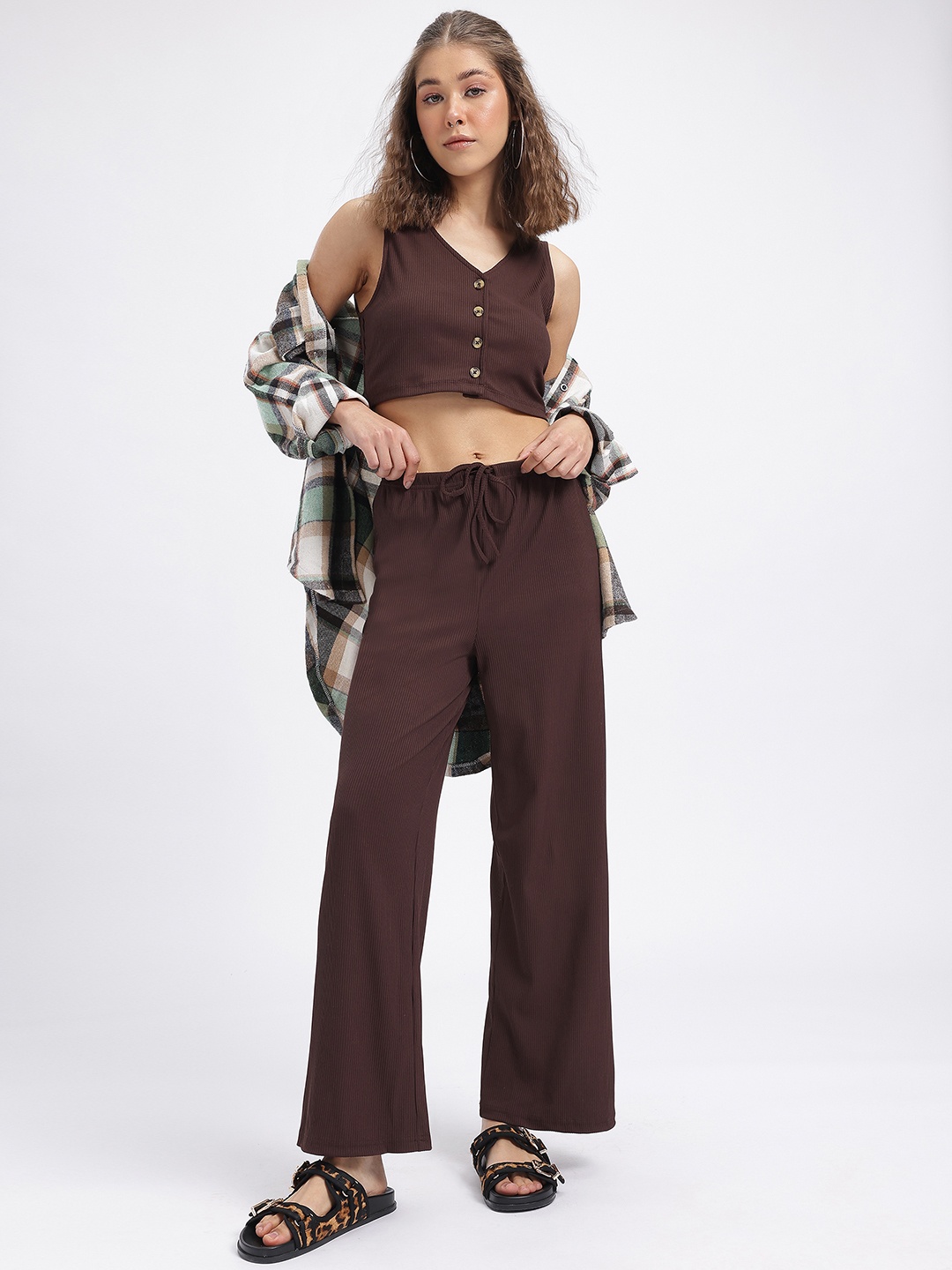 

glitchez Cropped & Chic Ribbed Co-Ords, Brown