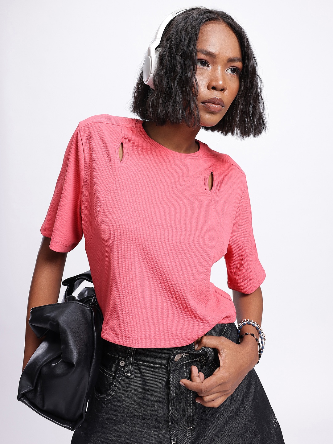 

glitchez Textured Chic Cut-Out Detail Top, Pink