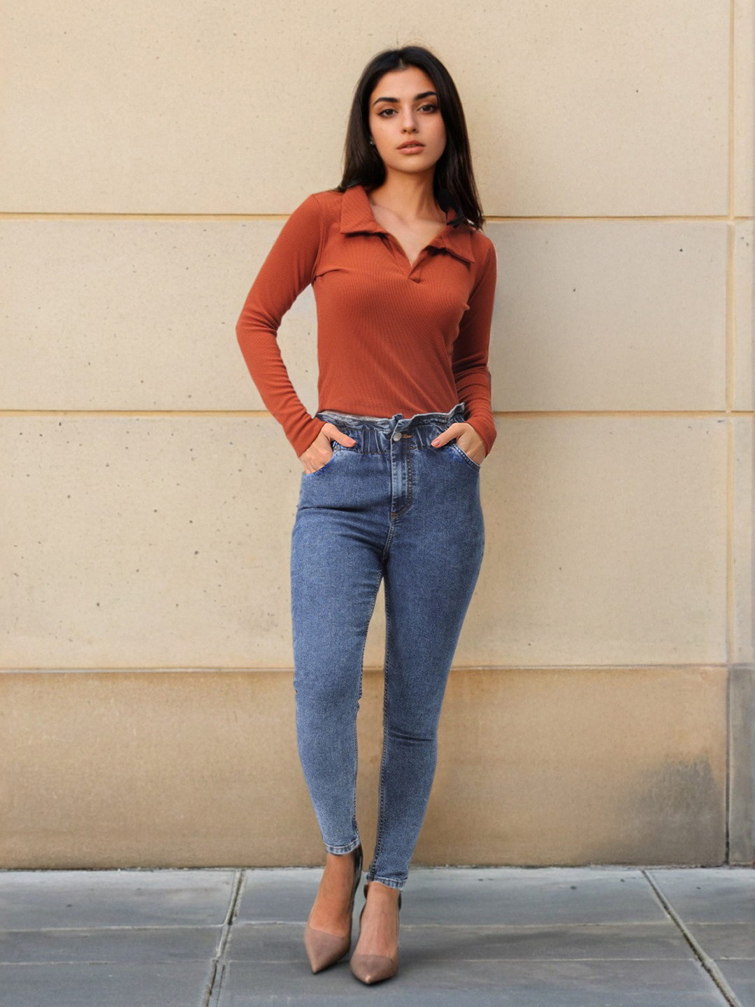 

Freehand by The Indian Garage Co Solid Shirt Collar Crop Top, Orange