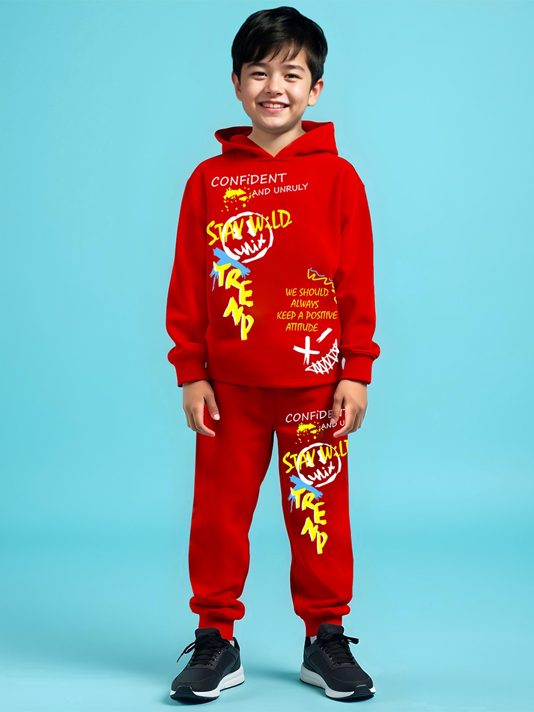 YK X Trampoline Kids Typography Printed Hooded Neck Casual T-shirt & Joggers, Red