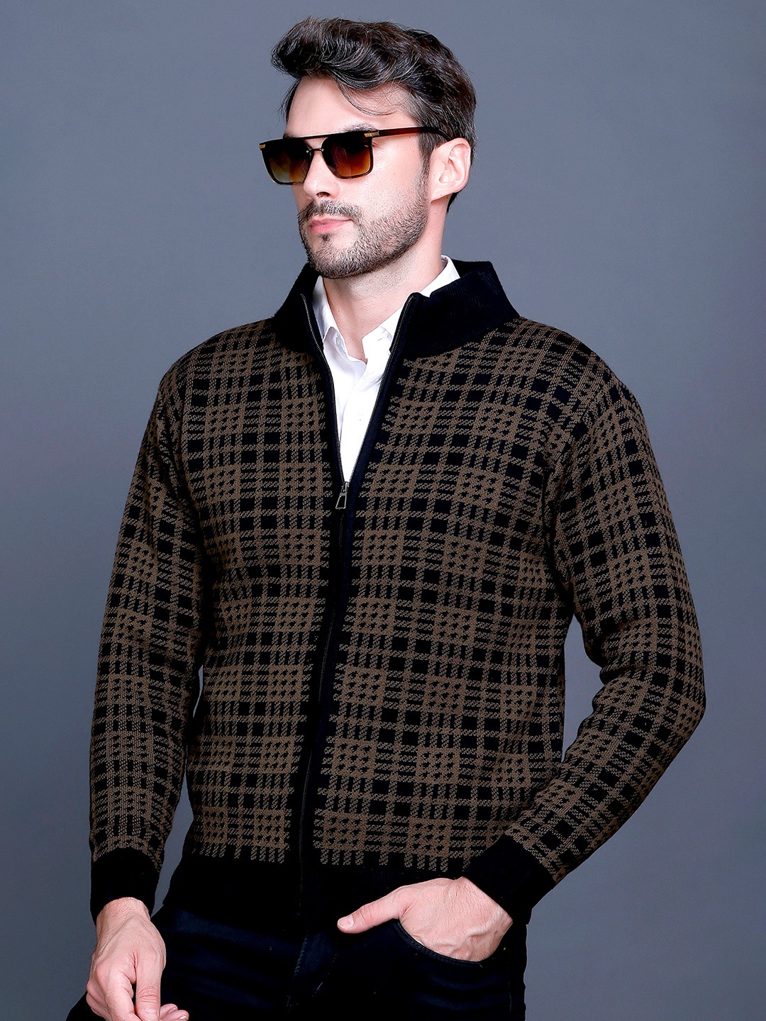 

GODFREY Men Checked Front-Open Sweaters, Brown