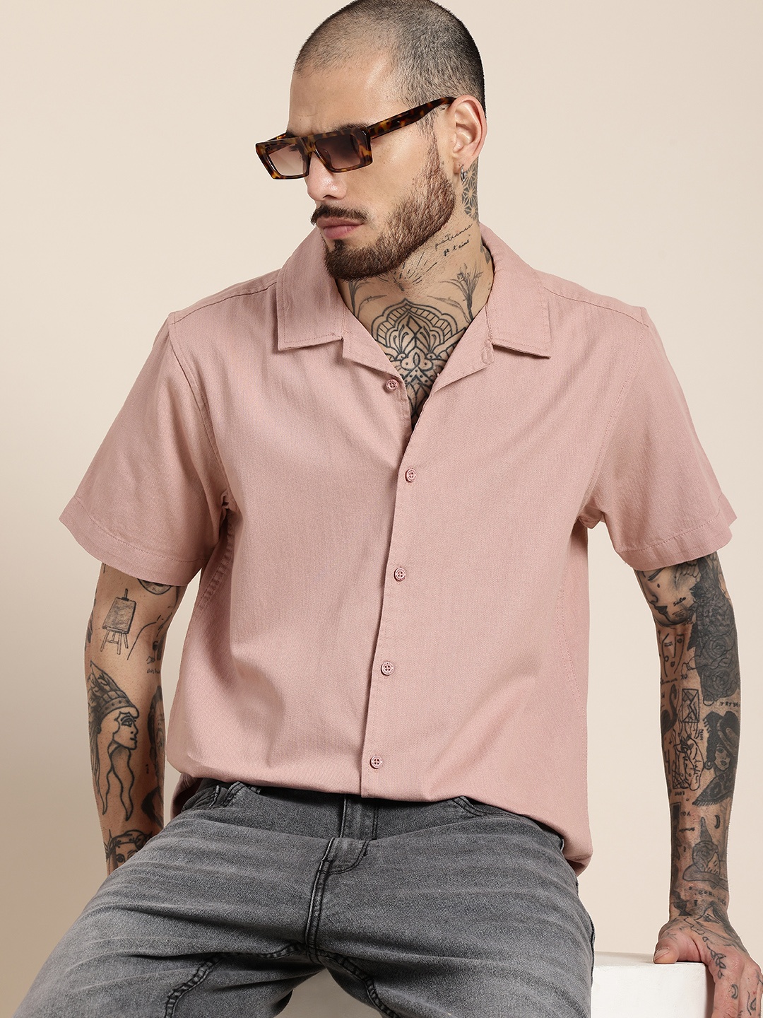 

HERE&NOW Short Sleeves Pure Cotton Opaque Casual Shirt, Mauve