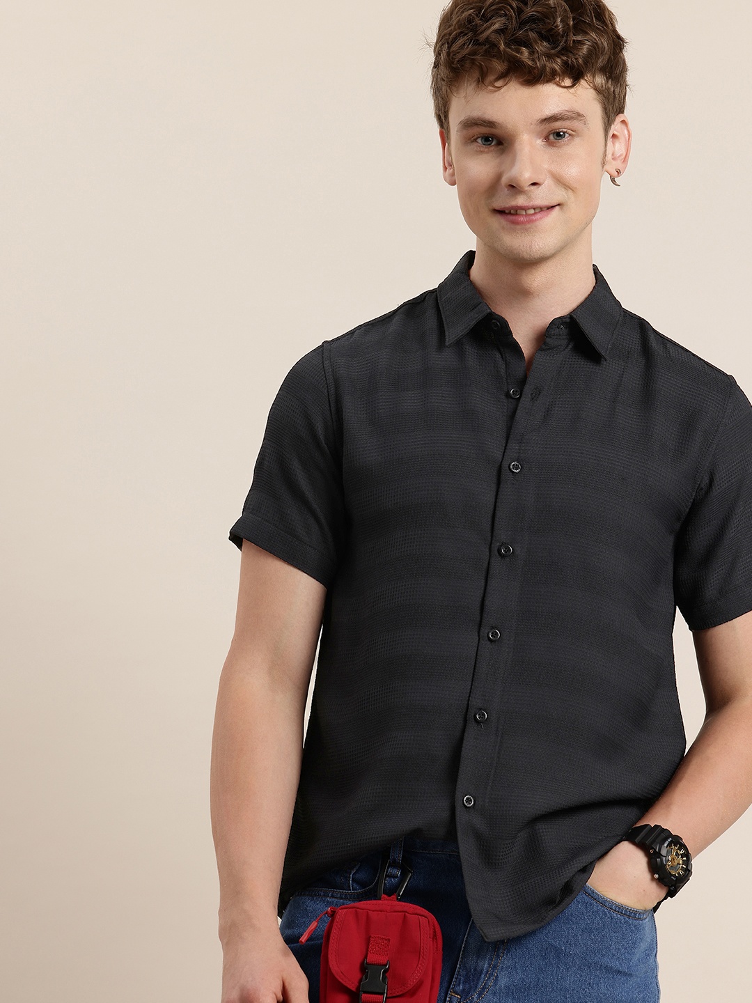

HERE&NOW Waffle Weave Textured Casual Shirt, Black