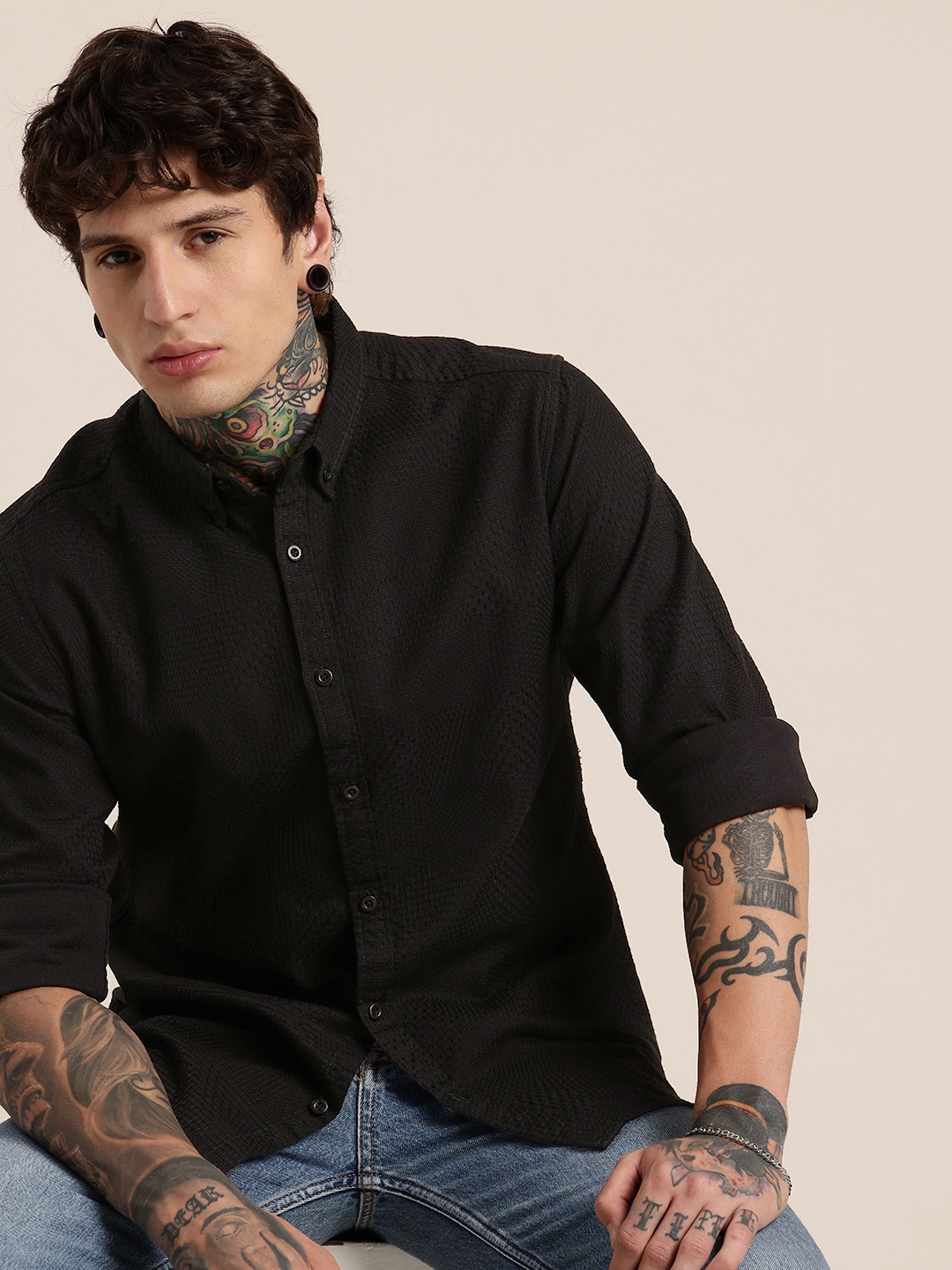 

HERE&NOW Pure Cotton Textured Button-Down Collar Casual Shirt, Black