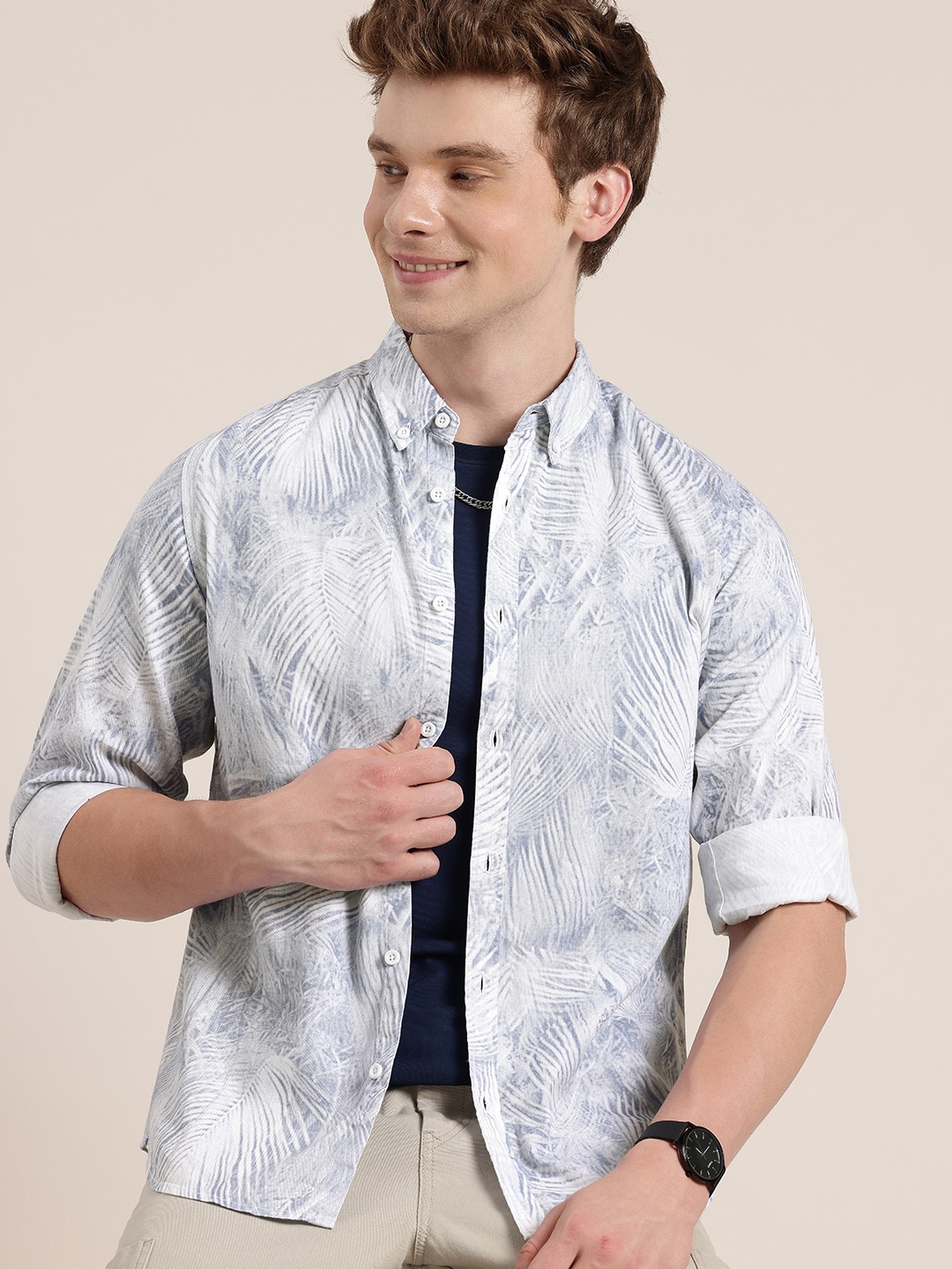 

HERE&NOW Tropical Printed Button-Down Collar Pure Cotton Casual Shirt, White