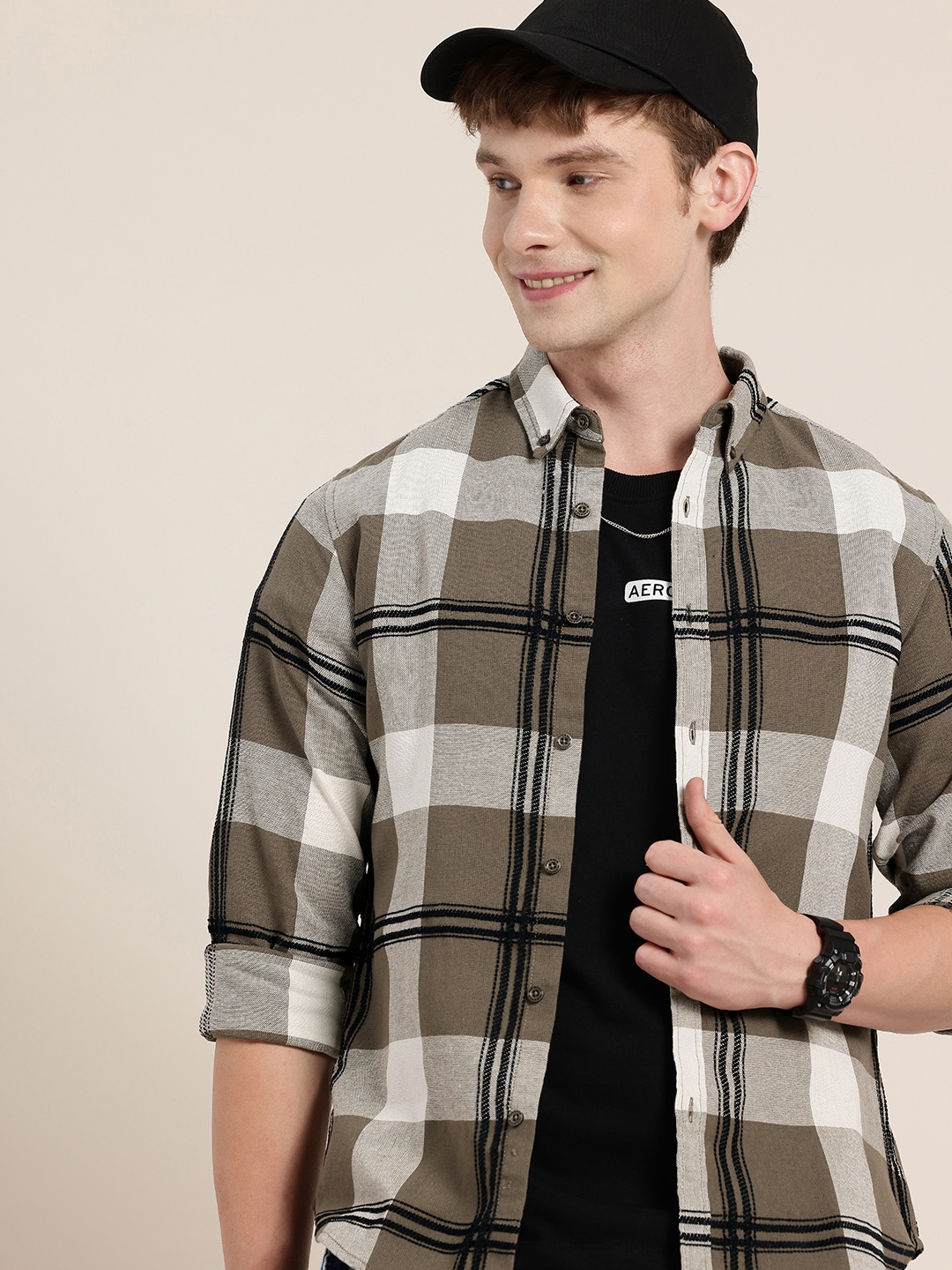 

HERE&NOW Opaque Checked Casual Shirt, Taupe