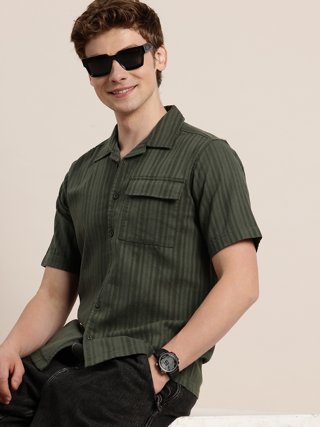

HERE&NOW Pure Cotton Self Striped Opaque Casual Shirt, Olive
