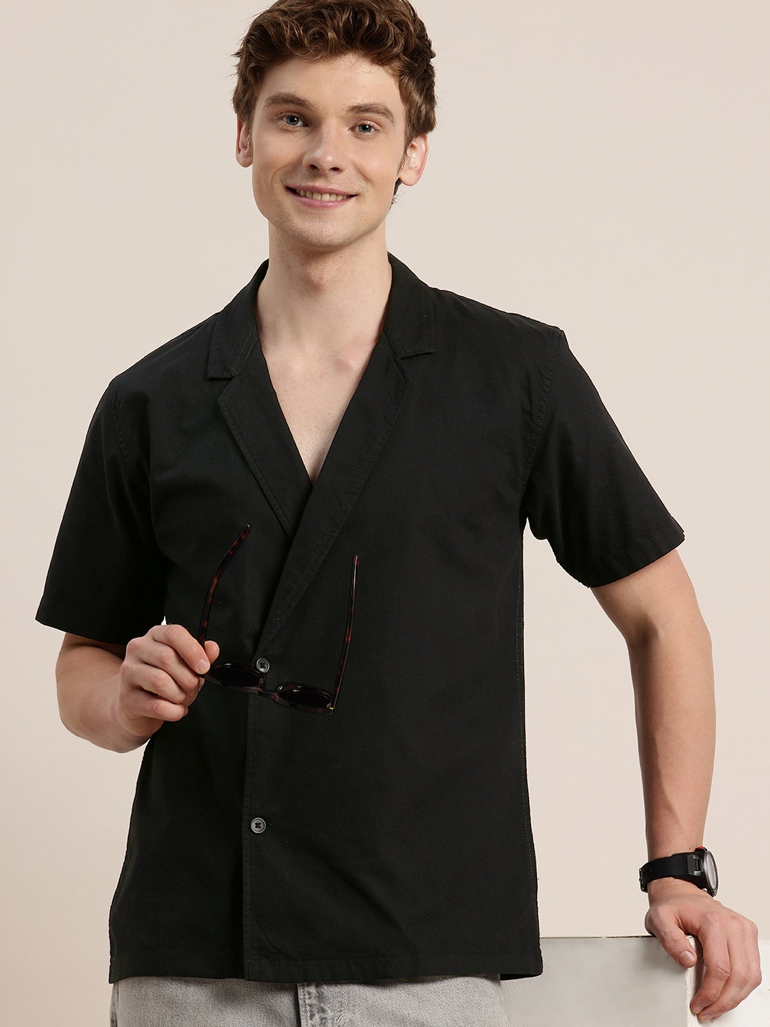 

HERE&NOW Opaque Pure Cotton Casual Shirt, Black