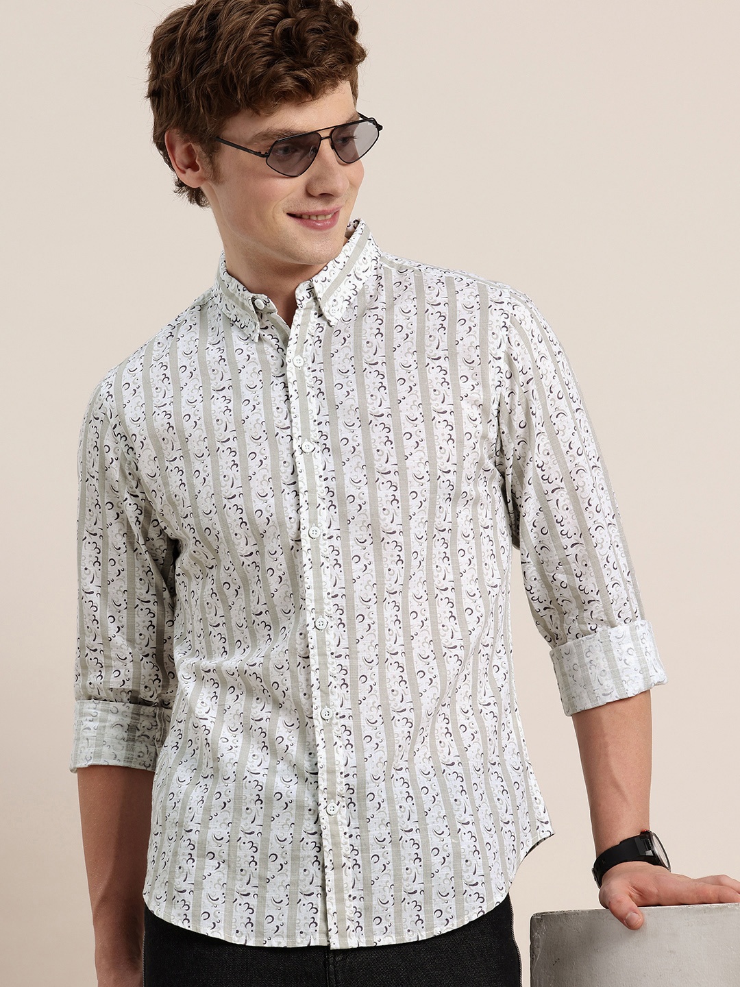 

HERE&NOW Pure Cotton Printed Striped Casual Shirt, Grey