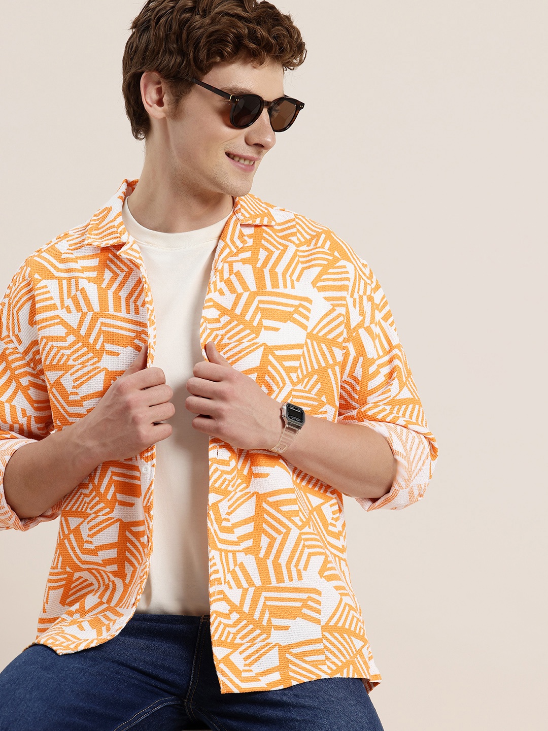 

HERE&NOW Pure Cotton Opaque Printed & Textured Relaxed Fit Casual Shirt, Orange