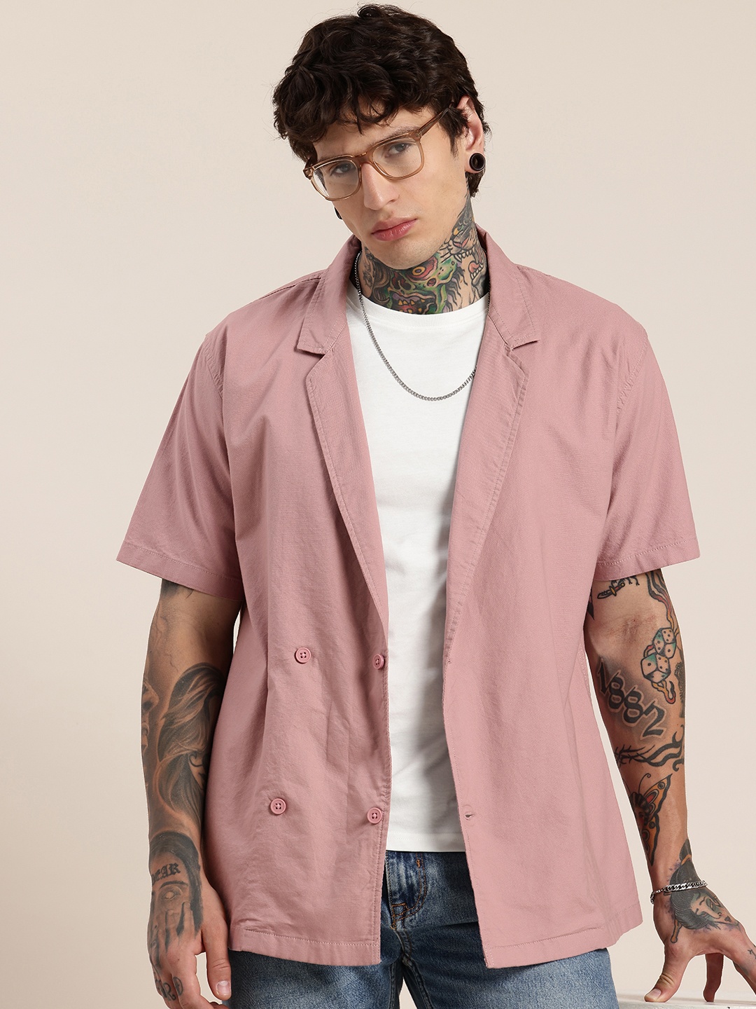 

HERE&NOW Pure Cotton Lapel Collar Drop-Shoulder Sleeves Casual Shirt, Mauve