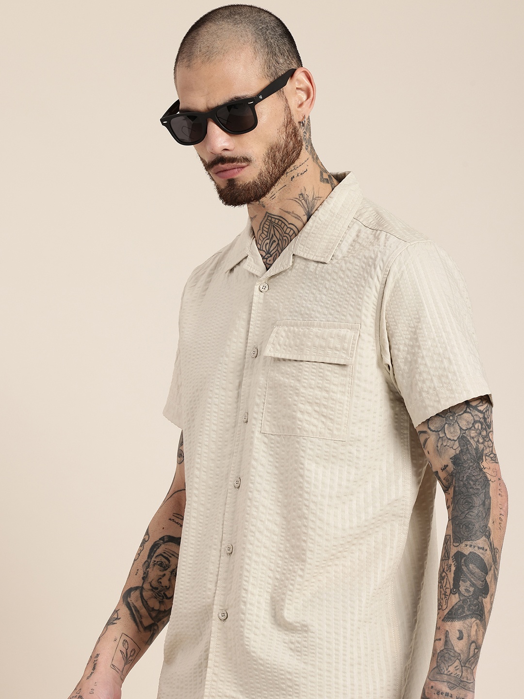 

HERE&NOW Short Sleeves Seersucker Opaque Casual Shirt, Grey