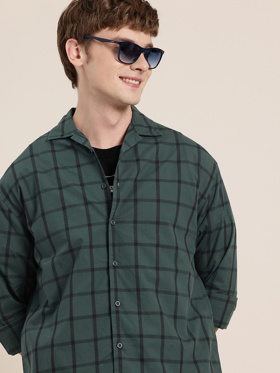 

HERE&NOW Relaxed Fit Opaque Windowpane Checked Pure Cotton Casual Shirt, Green