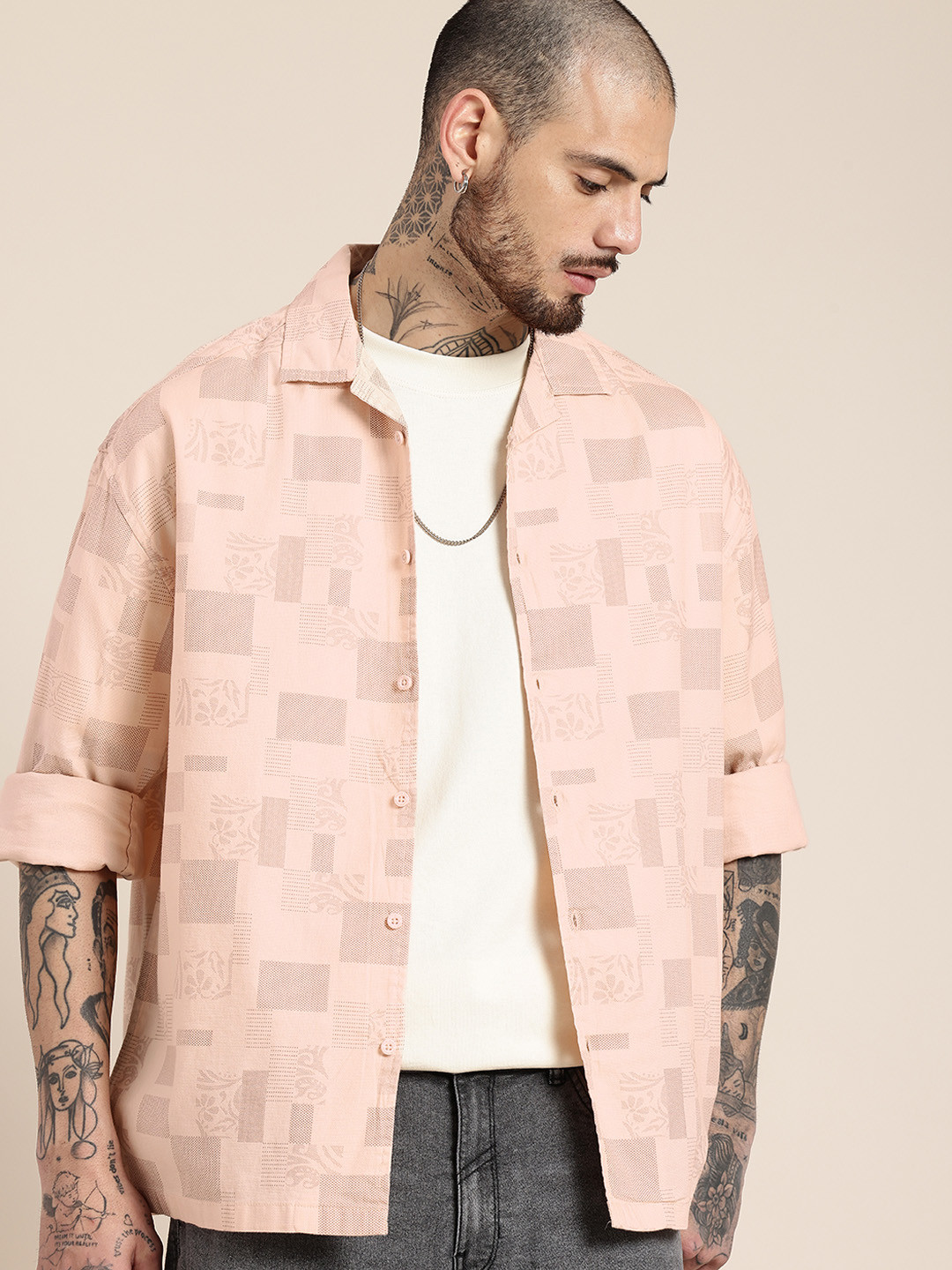 

HERE&NOW Pure Cotton Opaque Printed Relaxed Fit Casual Shirt, Peach