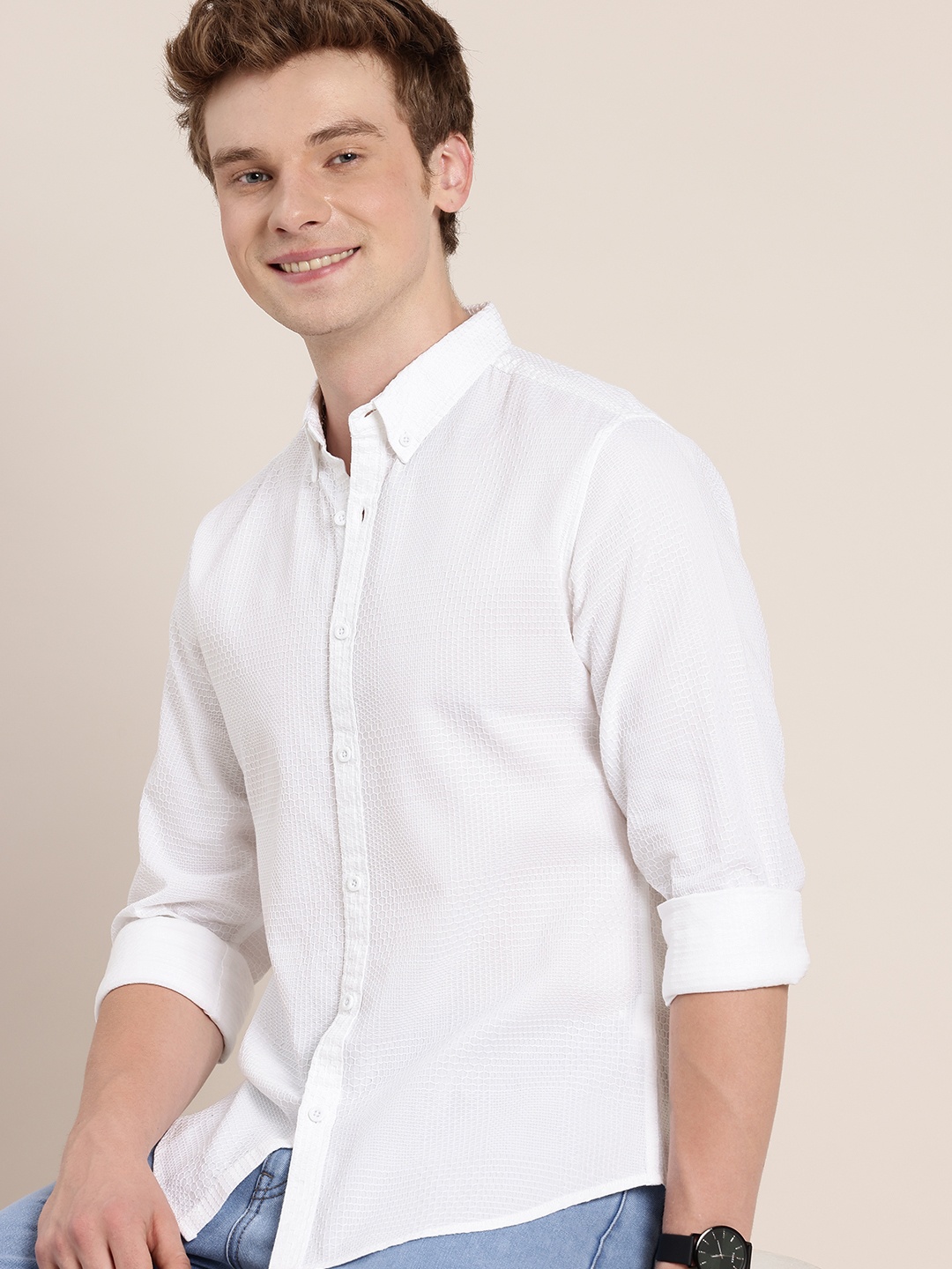 

HERE&NOW Geometric Self Design Button-Down Collar Pure Cotton Casual Shirt, White