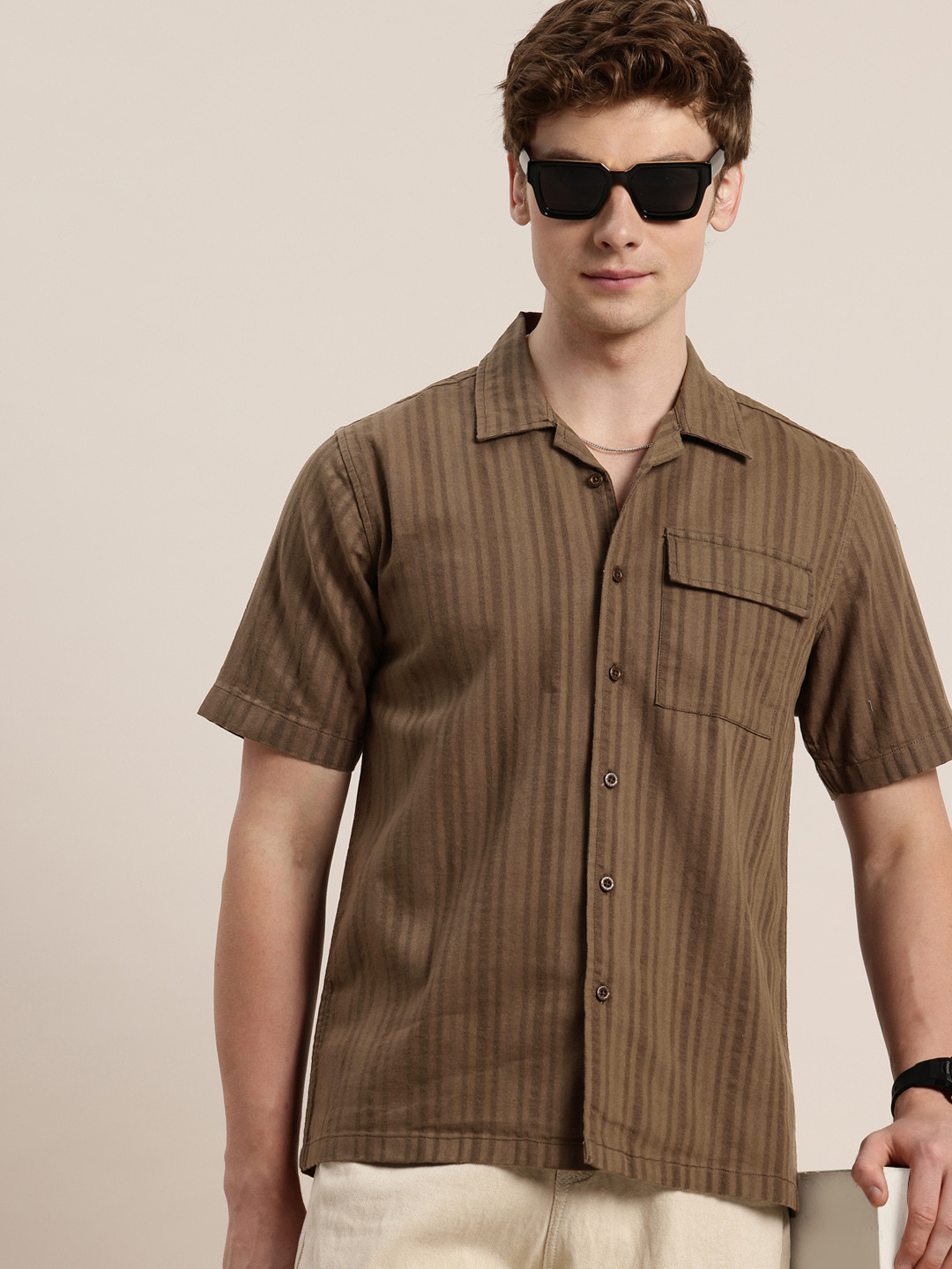 

HERE&NOW Opaque Striped Pure Cotton Casual Shirt, Brown