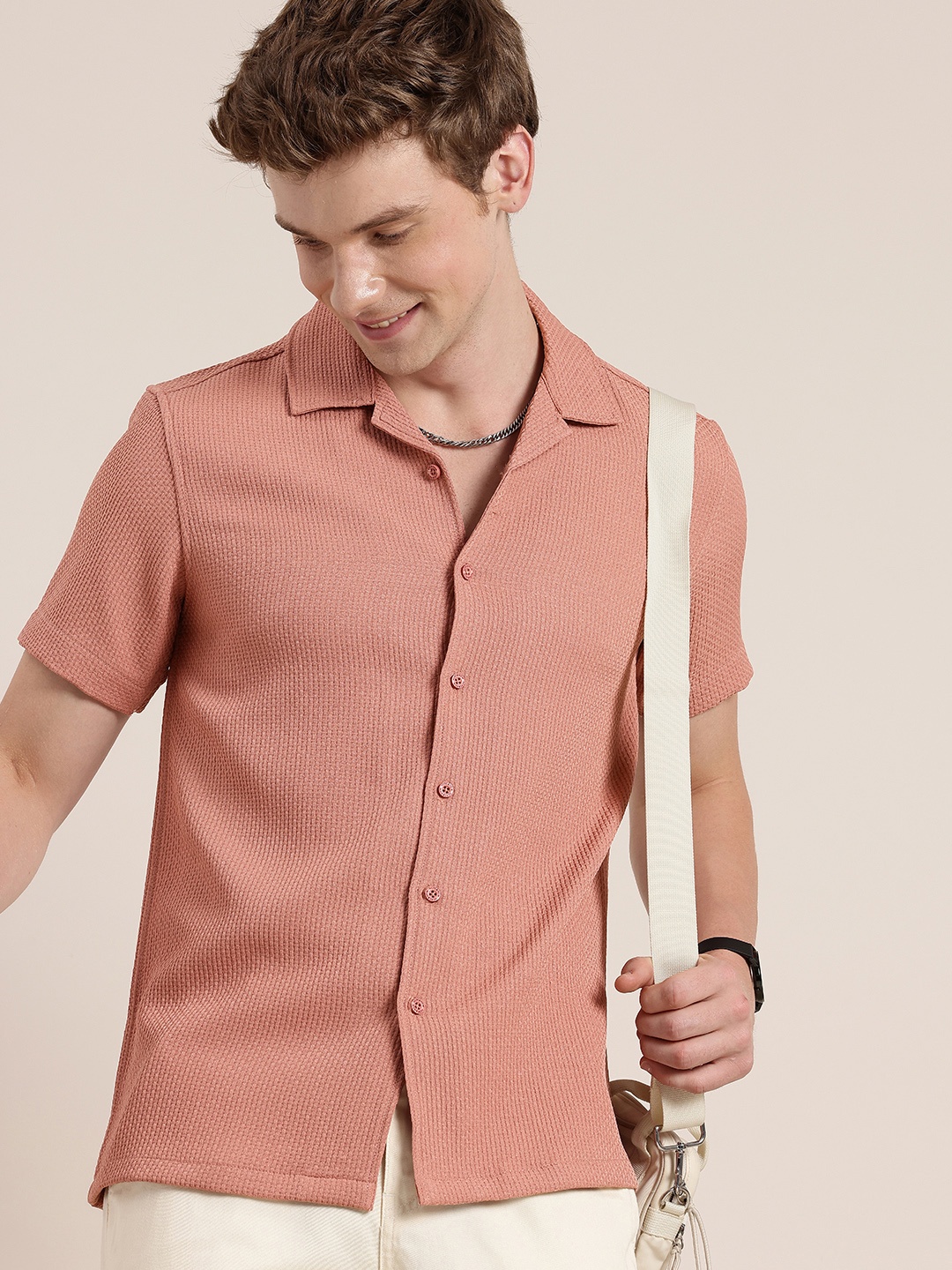 

HERE&NOW Textured Self Design Casual Shirt, Peach