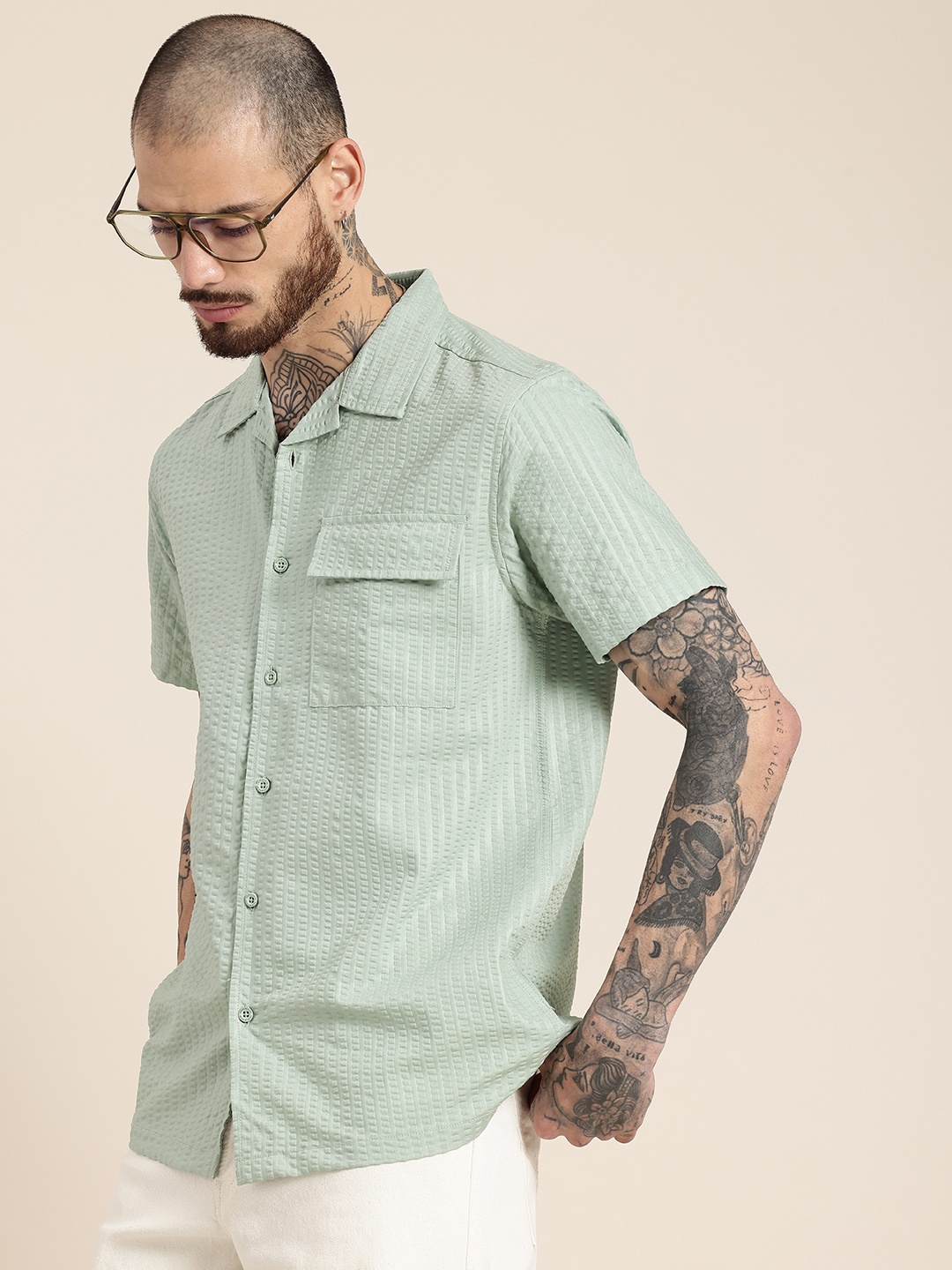 

HERE&NOW Short Sleeves Seersucker Opaque Casual Shirt, Green