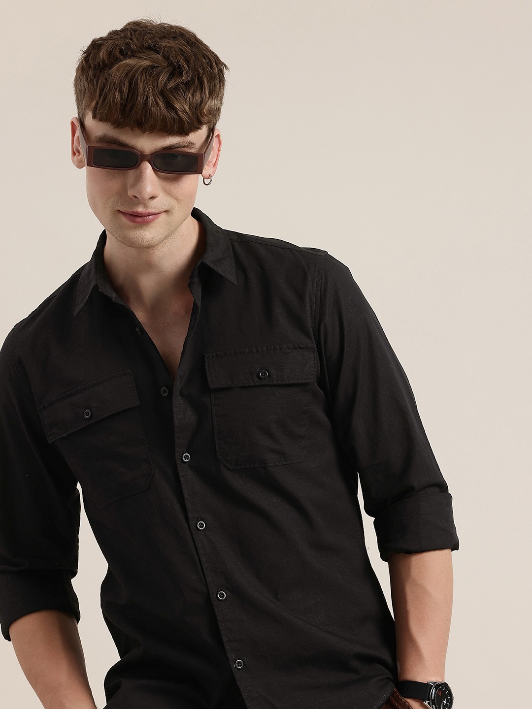 

HERE&NOW Pure Cotton Casual Shirt, Black