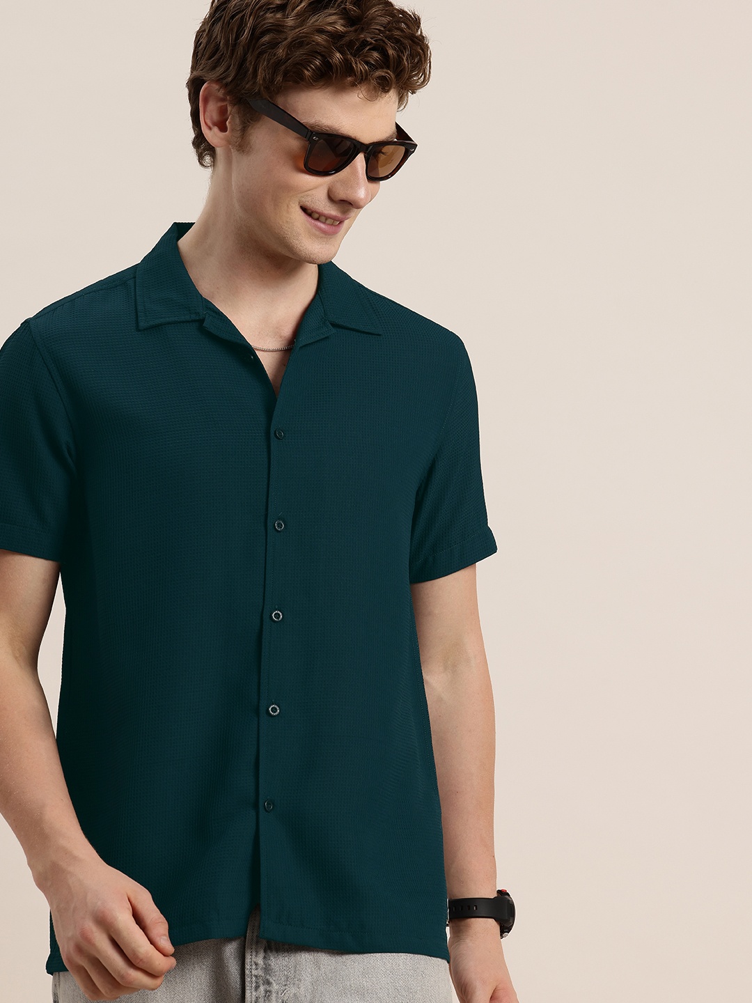 

HERE&NOW Self Design Textured Opaque Casual Shirt, Teal