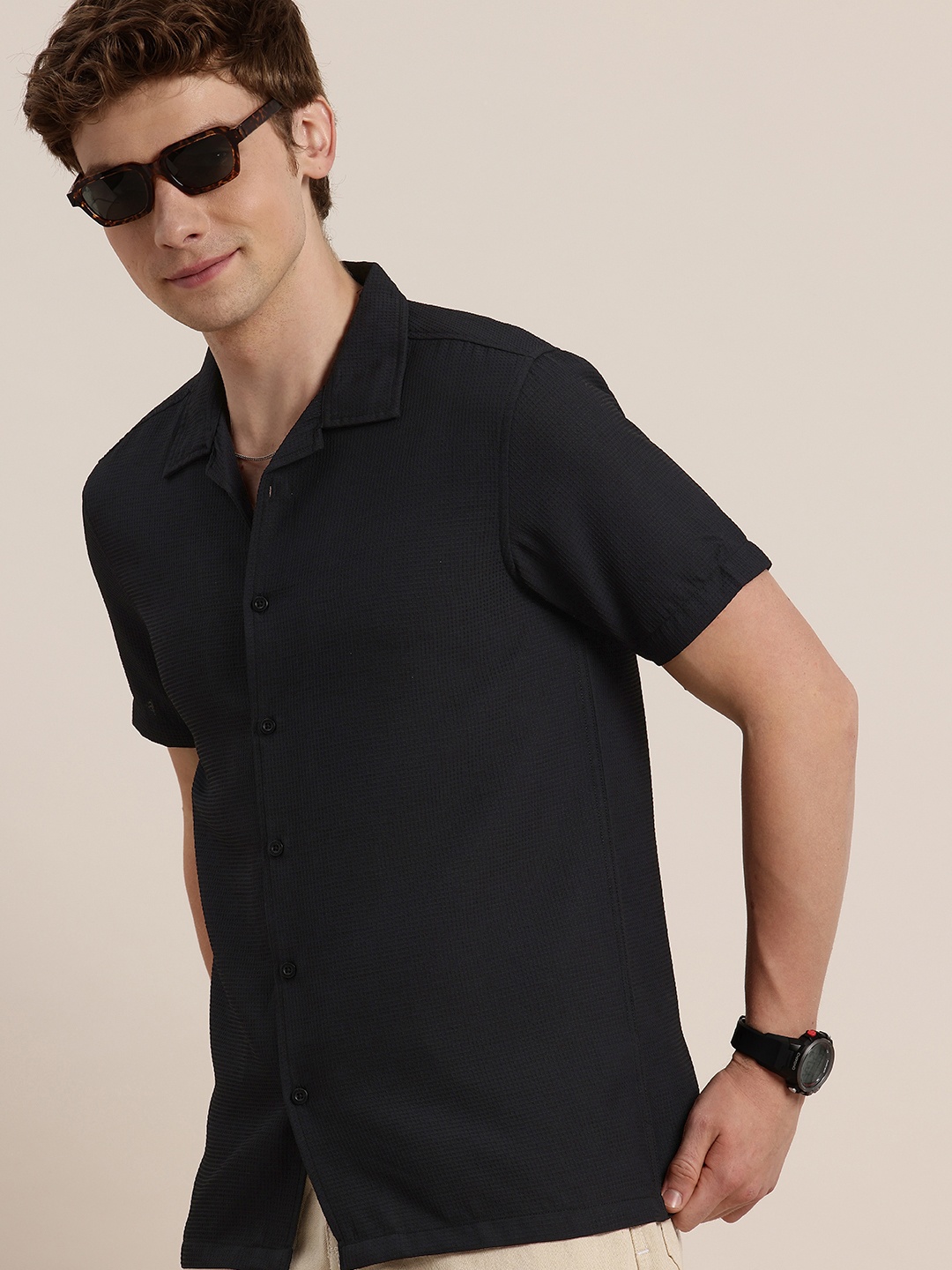 

HERE&NOW Textured Cuban Collar Casual Shirt, Black