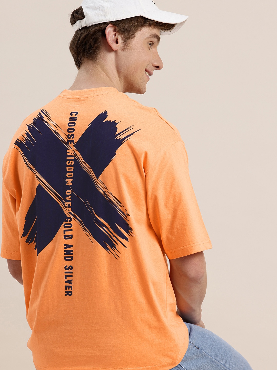 

HERE&NOW Pure Cotton Graphic Printed Oversized Fit T-shirt, Orange