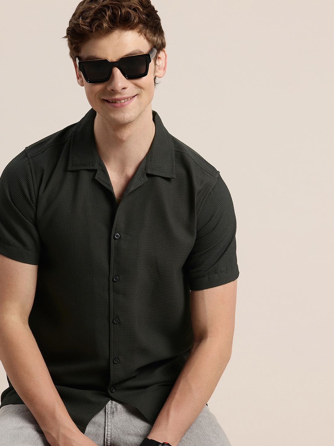 

HERE&NOW Self Design Textured Opaque Casual Shirt, Charcoal