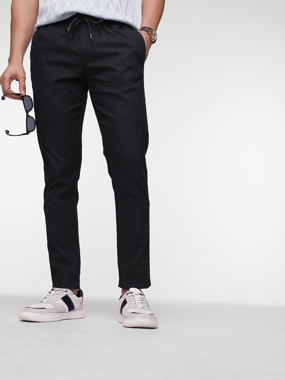 

French Connection Men Slim Fit Striped Regular Trousers, Black