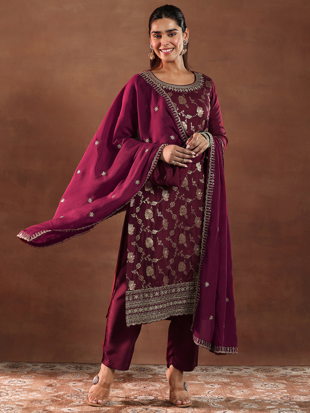 

Libas Floral Woven Design Zari Work Straight Kurta with Palazzos & Dupatta, Maroon