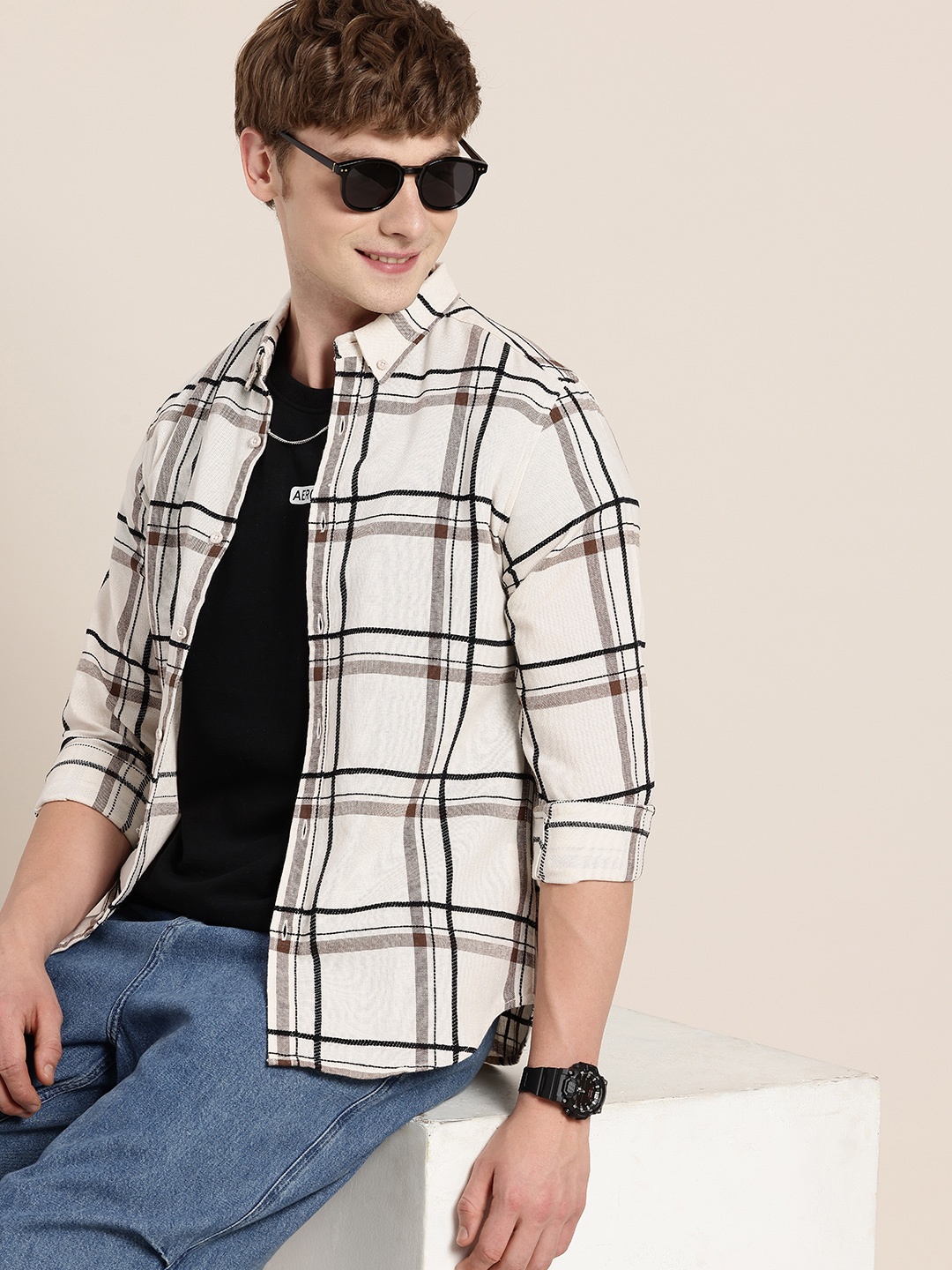 

HERE&NOW Opaque Checked Casual Shirt, Off white