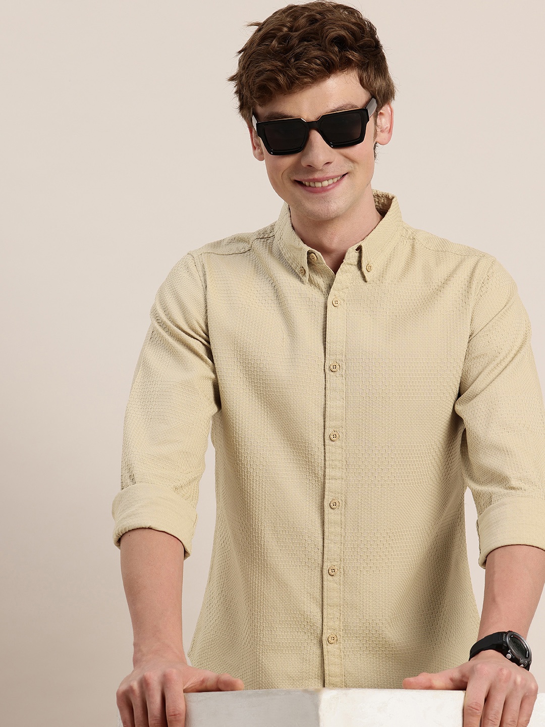 

HERE&NOW Pure Cotton Self Design Textured Casual Shirt, Beige