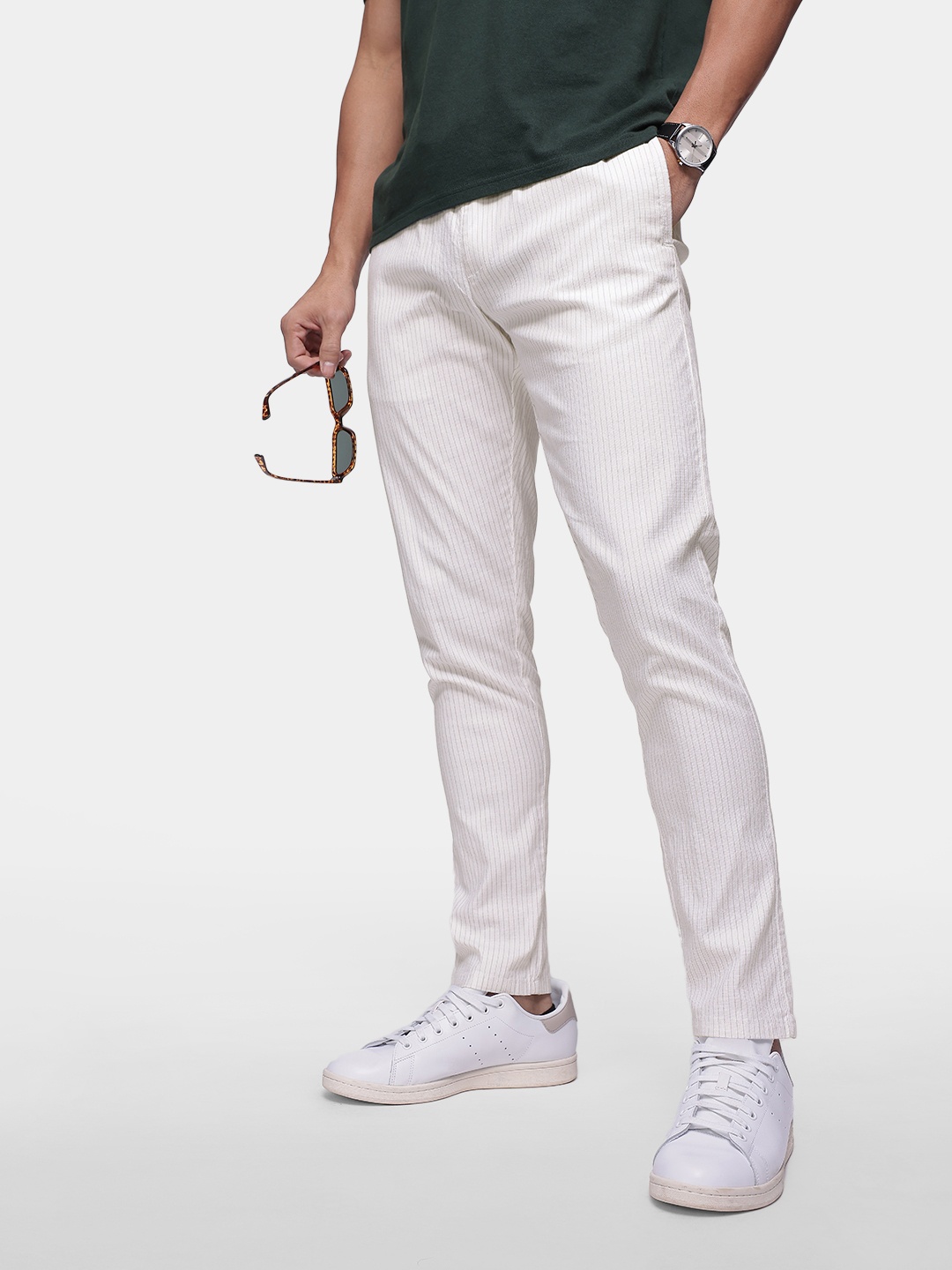 

French Connection Men Striped Slim Fit Regular Trousers, White