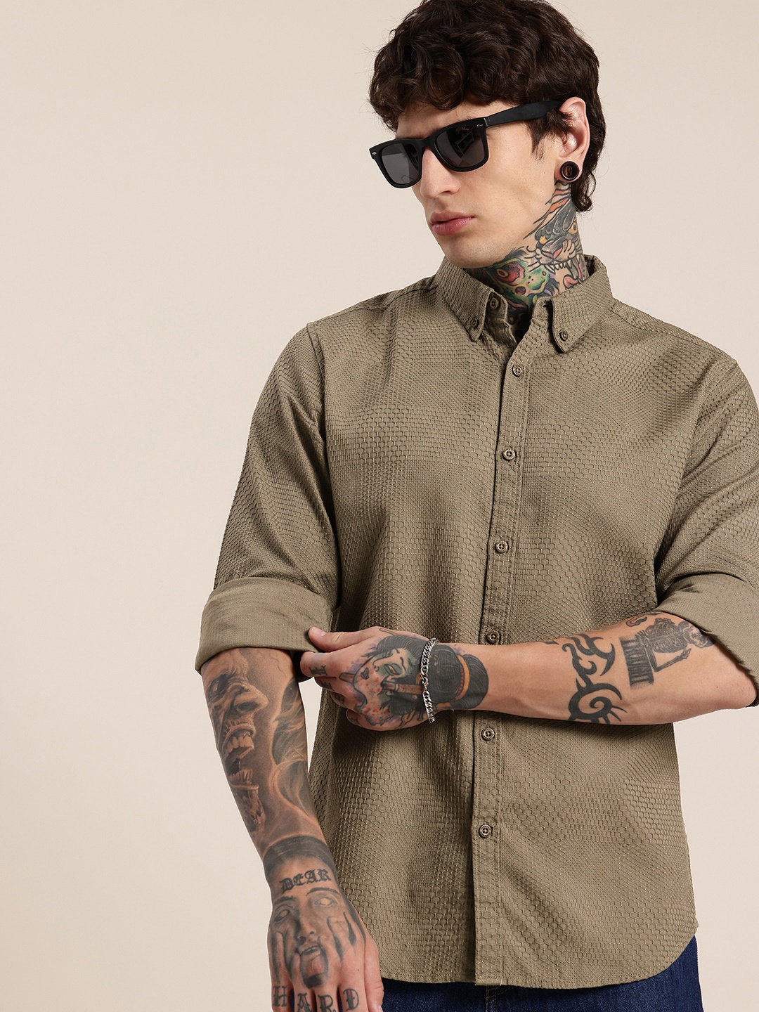 

HERE&NOW Pure Cotton Textured Button-Down Collar Casual Shirt, Olive