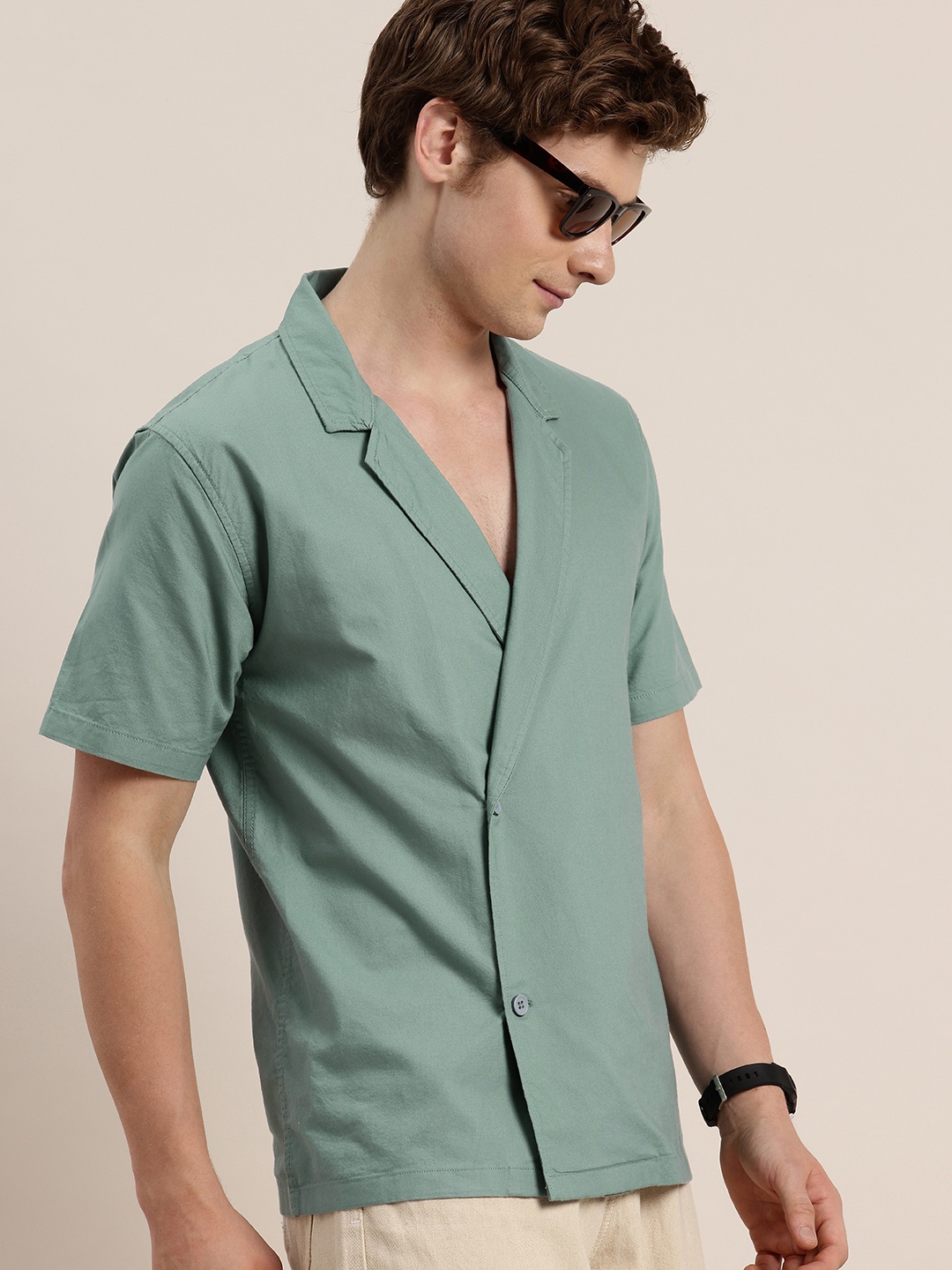 

HERE&NOW Opaque Pure Cotton Casual Shirt, Green