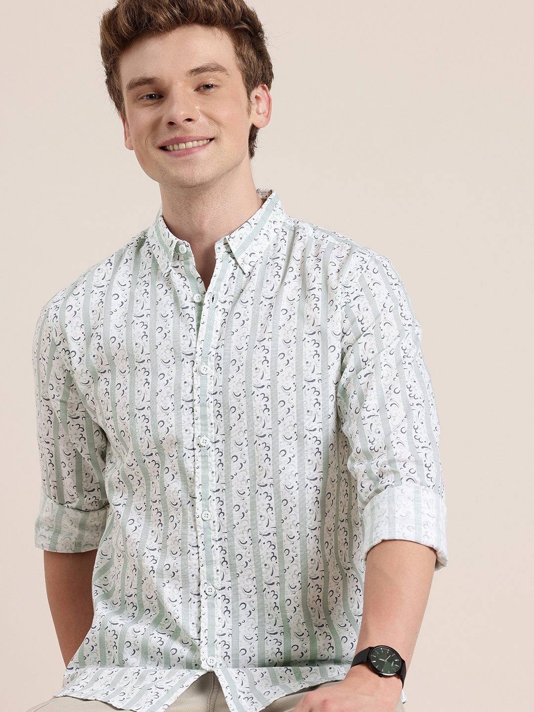 

HERE&NOW Printed Button-Down Collar Pure Cotton Casual Shirt, White