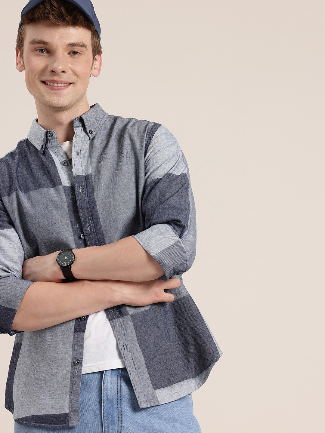 

HERE&NOW Checked Button-Down Collar Pure Cotton Casual Shirt, Blue