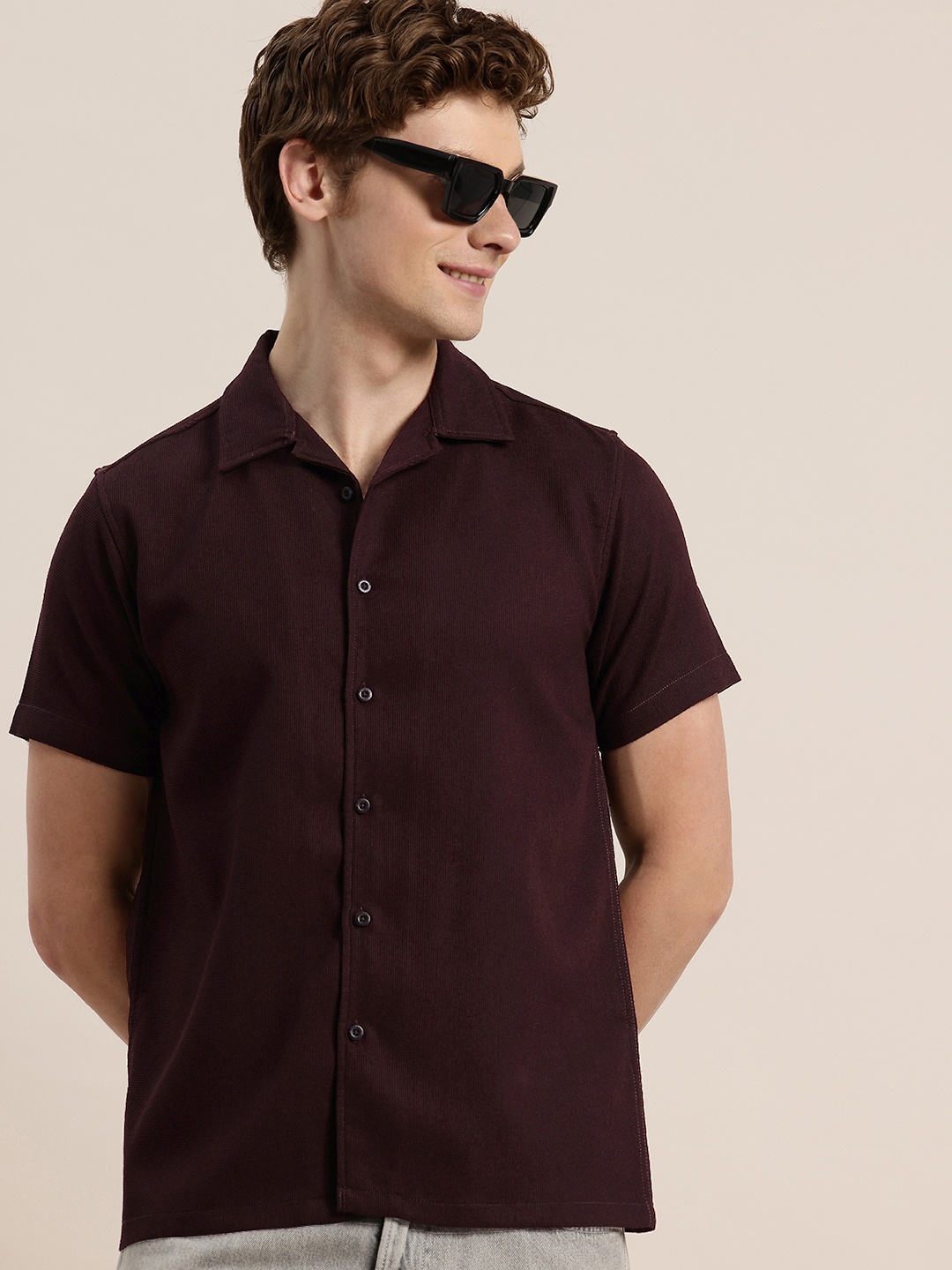 

HERE&NOW Self Design Textured Opaque Casual Shirt, Burgundy
