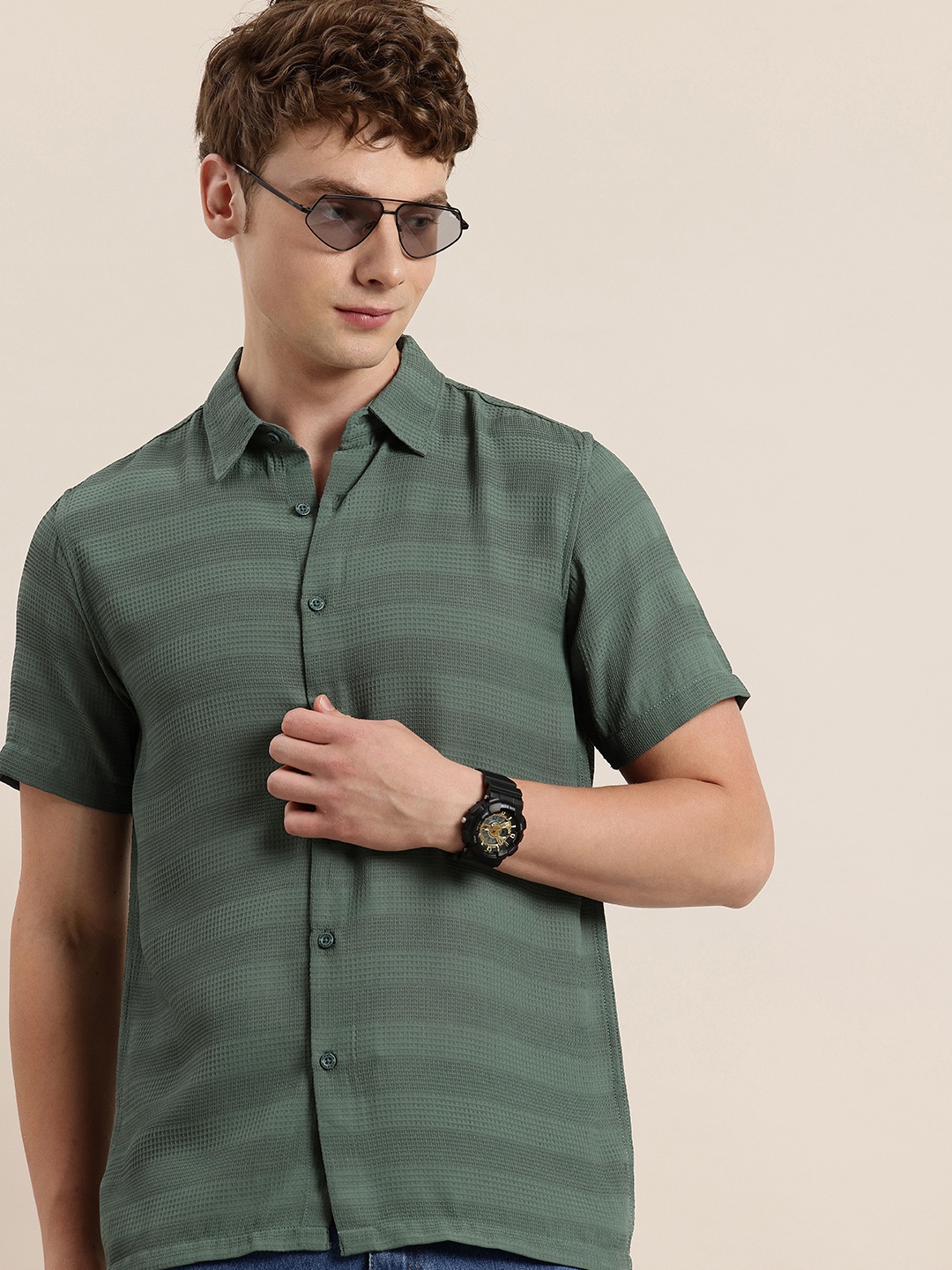 

HERE&NOW Waffle Weave Textured Casual Shirt, Green