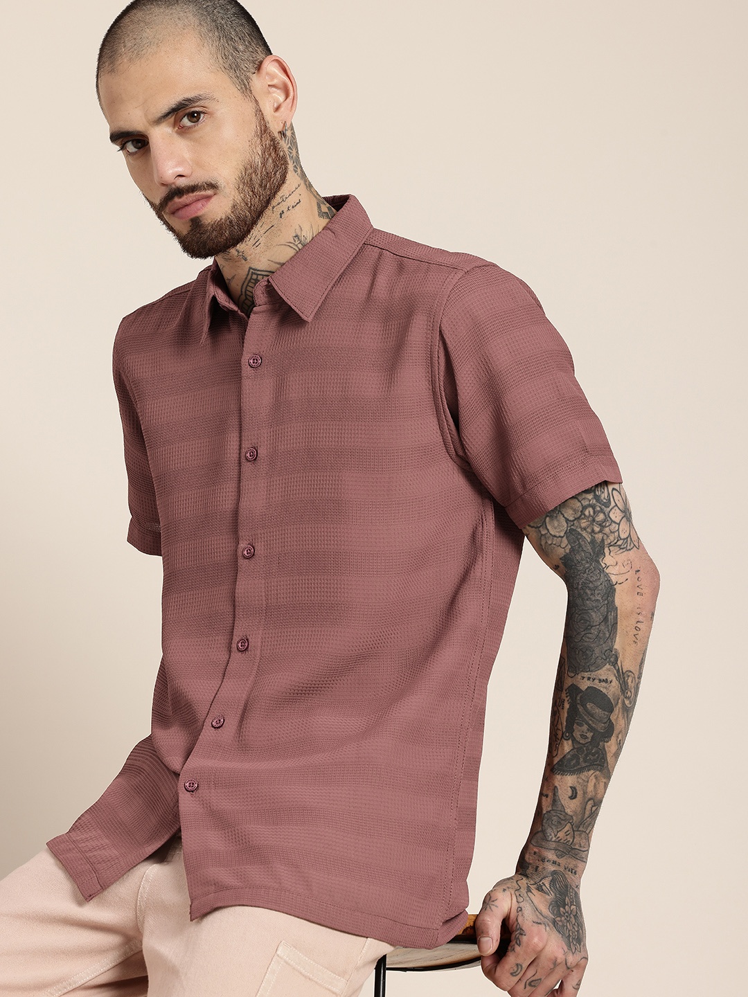 

HERE&NOW Waffle Weave Textured Opaque Casual Shirt, Mauve