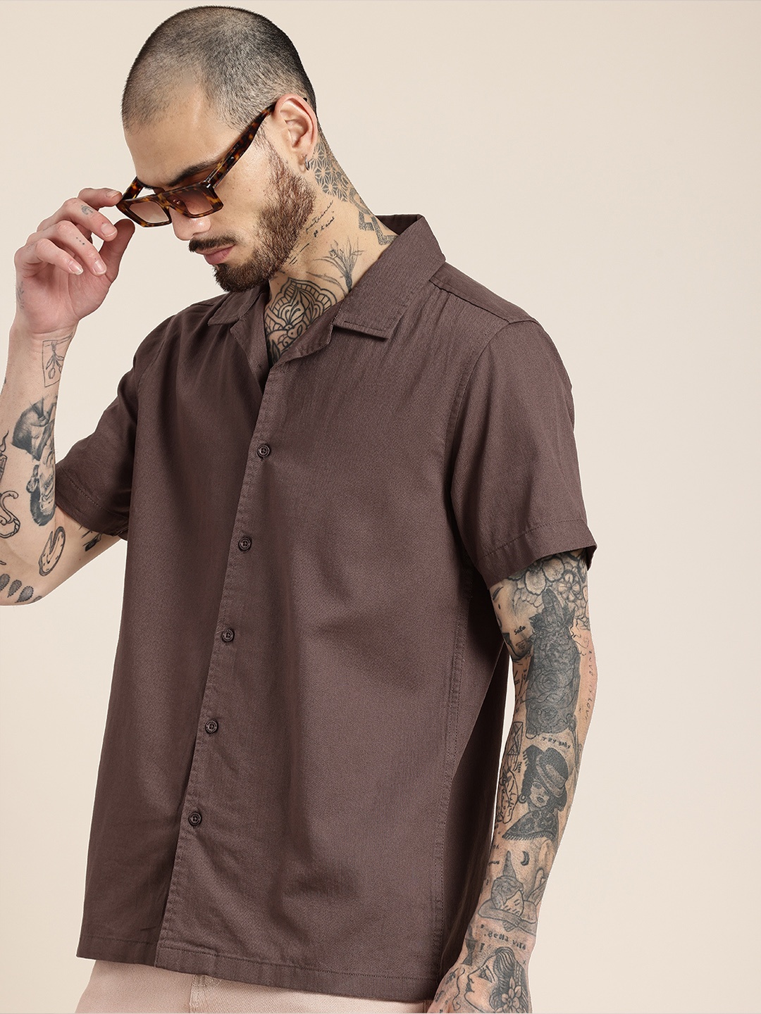 

HERE&NOW Short Sleeves Pure Cotton Opaque Casual Shirt, Brown