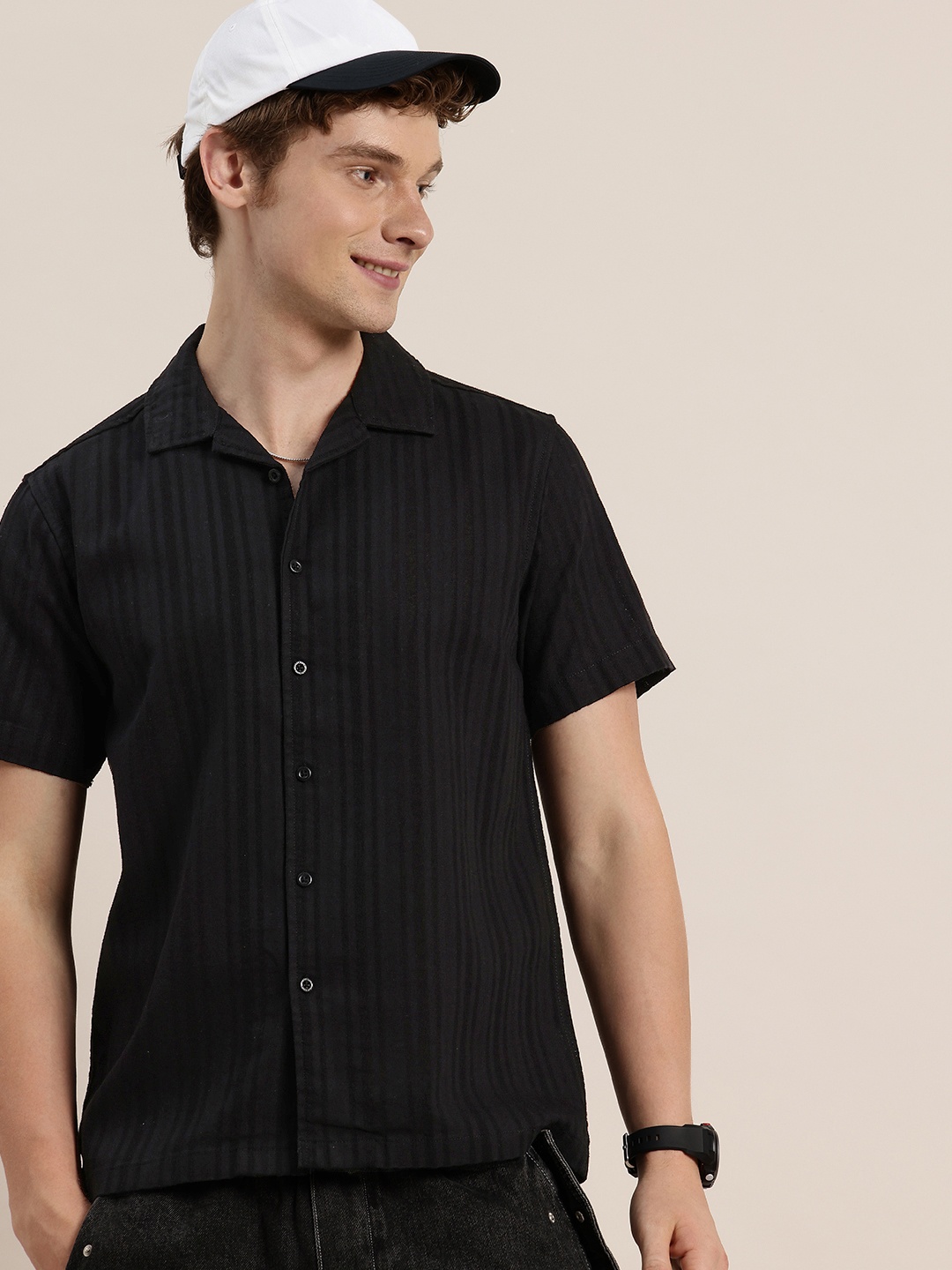 

HERE&NOW Striped Cuban Collar Pure Cotton Casual Shirt, Black