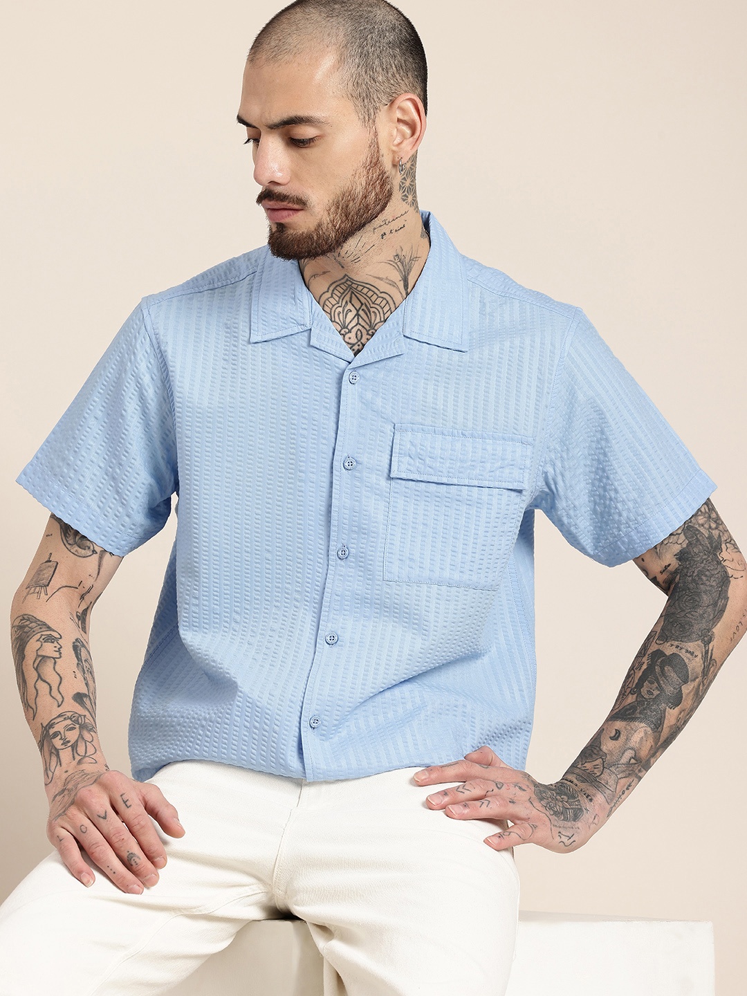 

HERE&NOW Short Sleeves Seersucker Opaque Casual Shirt, Blue