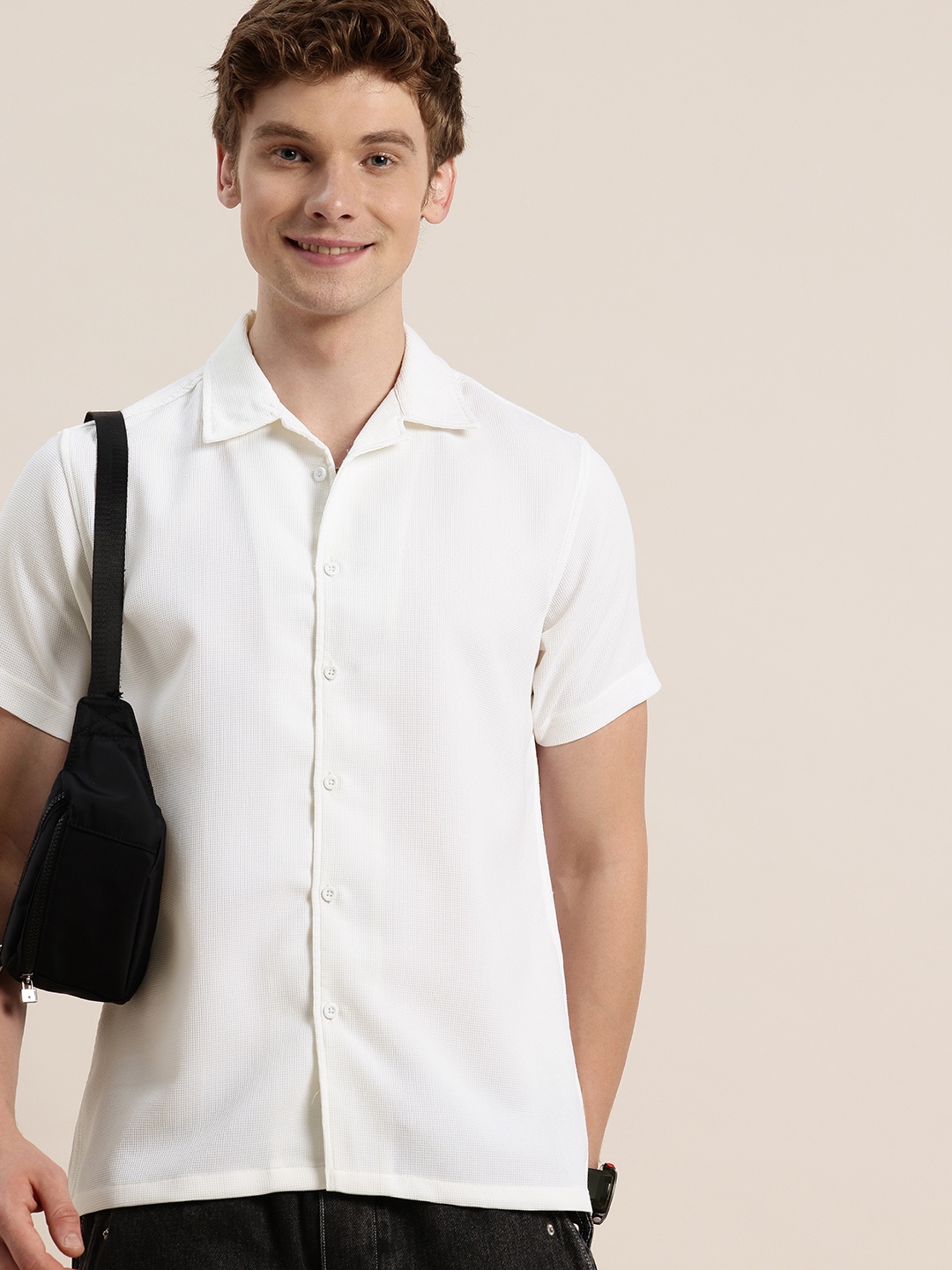 

HERE&NOW Textured Cuban Collar Casual Shirt, White