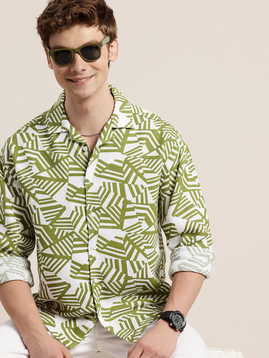 

HERE&NOW Pure Cotton Opaque Printed & Textured Relaxed Fit Casual Shirt, Green