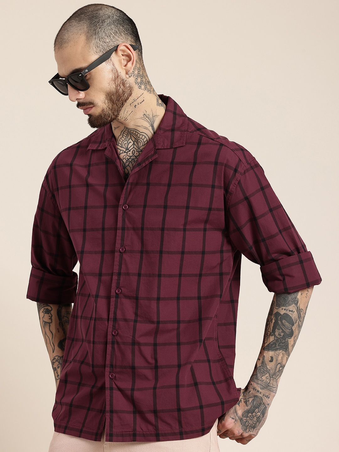 

HERE&NOW Pure Cotton Windowpane Checks Opaque Relaxed Fit Casual Shirt, Maroon