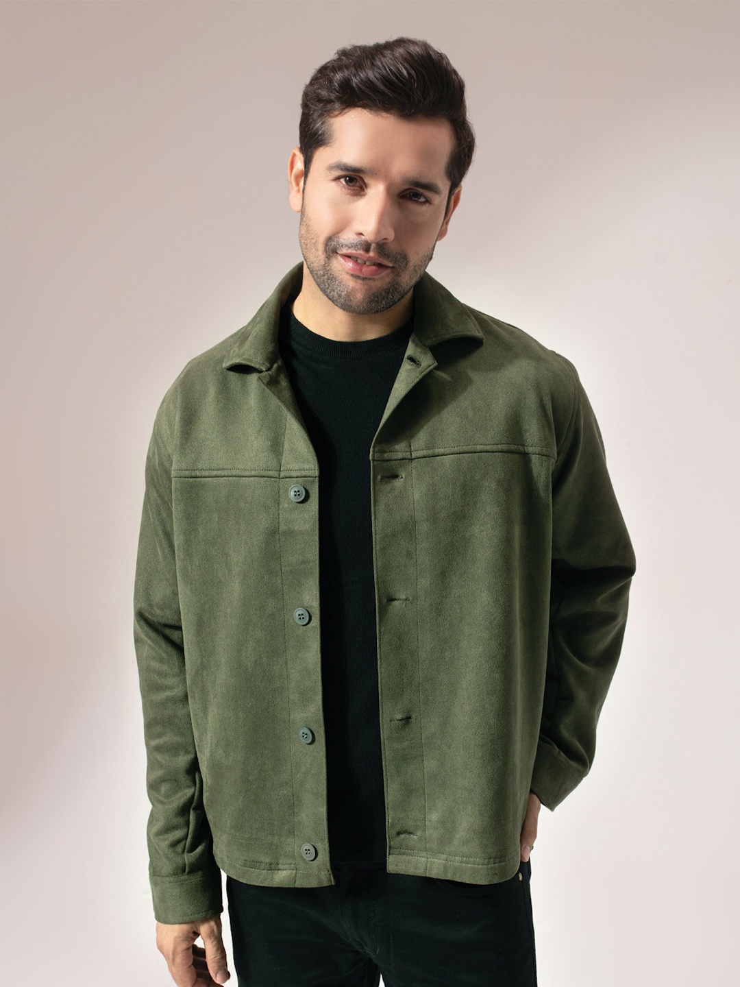 

PERCH Men Suede Tailored Jacket with Patchwork, Green